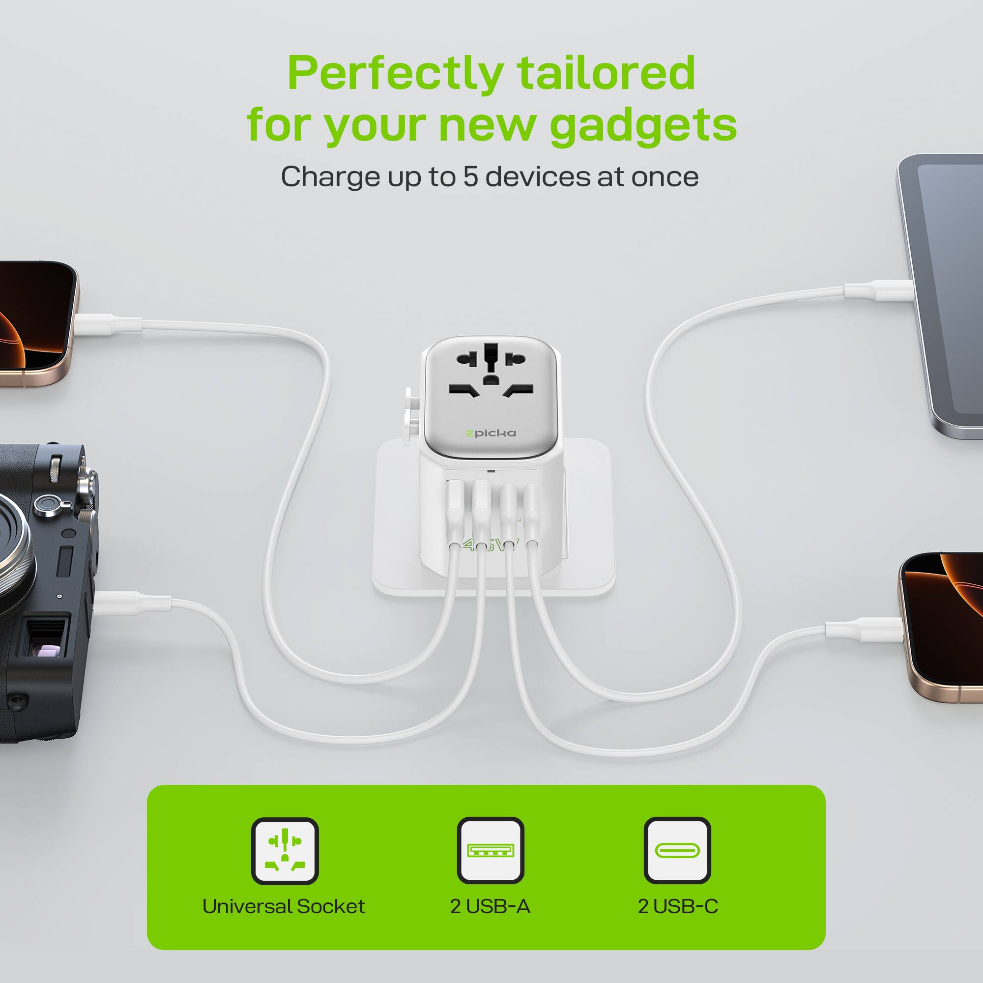 Perfectly tailored for your new gadgets  
Charge up to 5 devices at once  

Epicka Universal Socket  
2 USB-A  
2 USB-C
