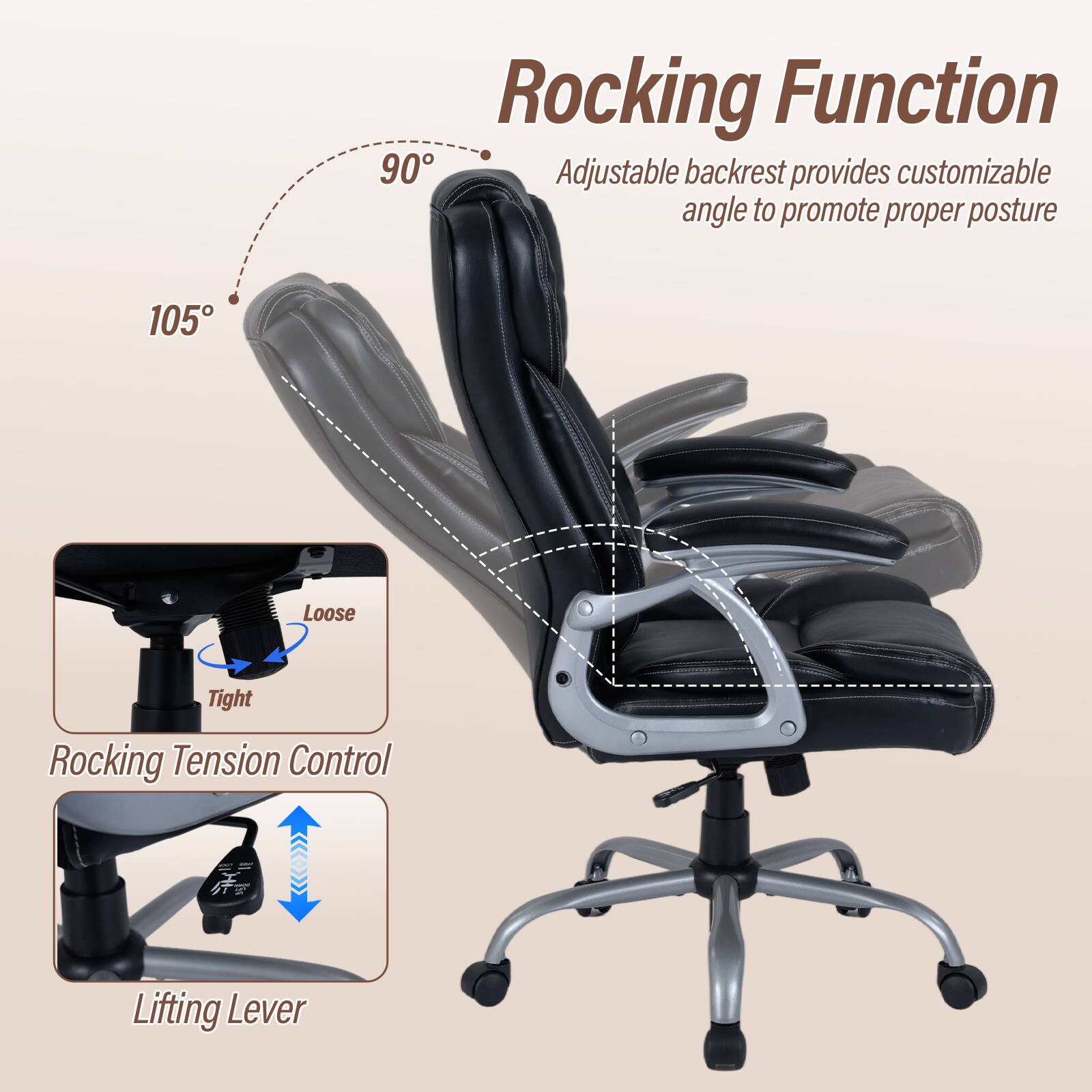 Rocking Function  
Adjustable backrest provides customizable angle to promote proper posture

105°  
90°

Loose  
Tight  
Rocking Tension Control

Lifting Lever