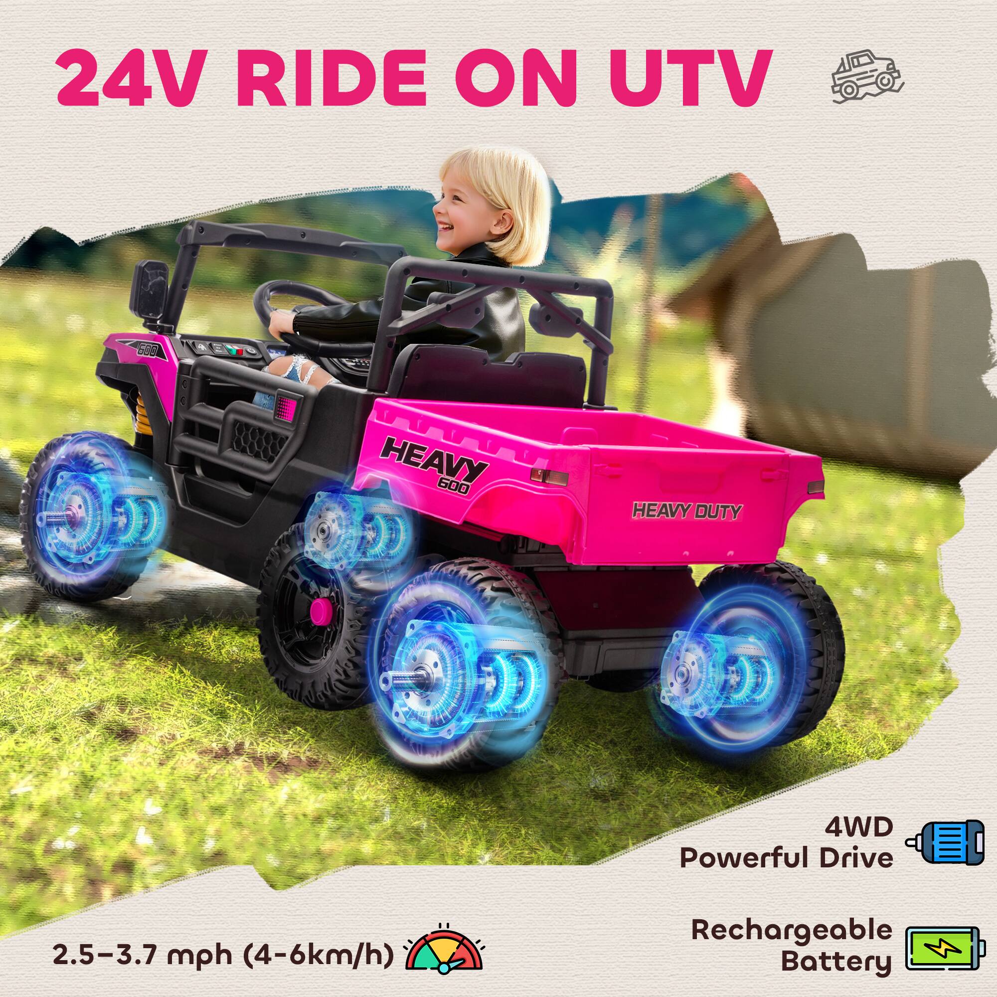 24V RIDE ON UTV

HEAVY DUTY

HEAVY 600

4WD Powerful Drive

2.5-3.7 mph (4-6 km/h)

Rechargeable Battery