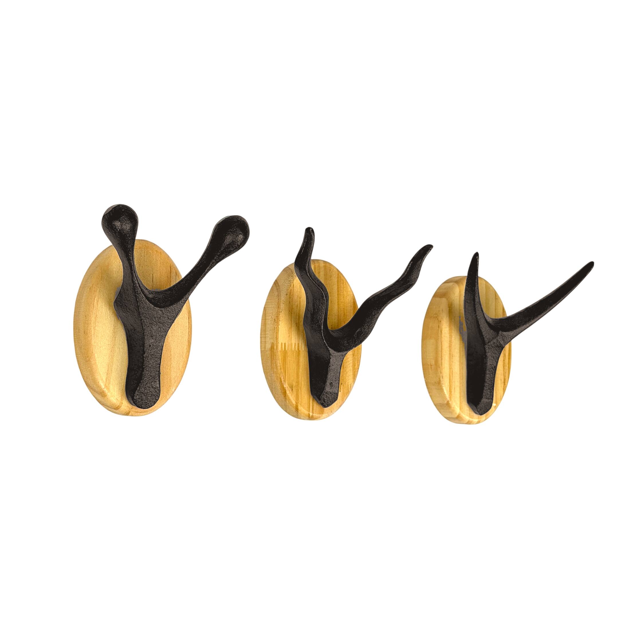 Alt View 1. Zeckos - Cast Iron Antler Wall Hook Set of 3 with Wood Backs Dark Brown 3.5 Inch - Dark Brown.