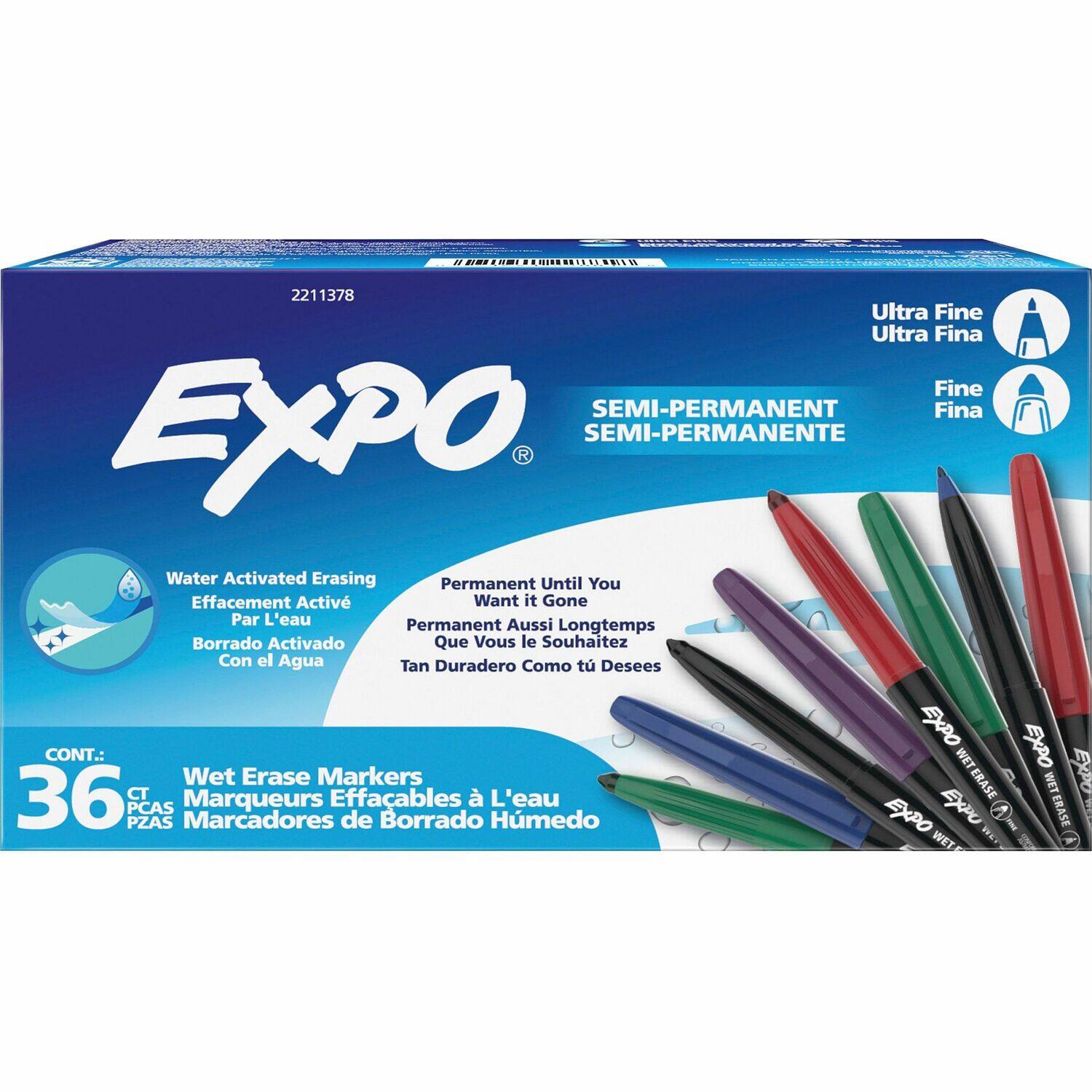 M ......IE.RBIEN 2211378 Ultra Fine Ultra Fina Fine SEMI-PERMANENT Fina EXPO SEMI-PERMANENTE Water Activated Erasing Permanent Until You Effacement Activ Want it Gone Par L'eau Permanent Aussi Longtemps Borrado Activado Que Vous le Souhaitez Con el Agua Tan Duradero Como t Desees EXPO EXPO CONT.: WET Wet Erase Markers ERASE WET EXPOD 36 CT Effacables  L'eau PCAS Marqueurs EXPO > ERASE PZAS Marcadores de Borrado Hmedo EXPO WEY I A WET