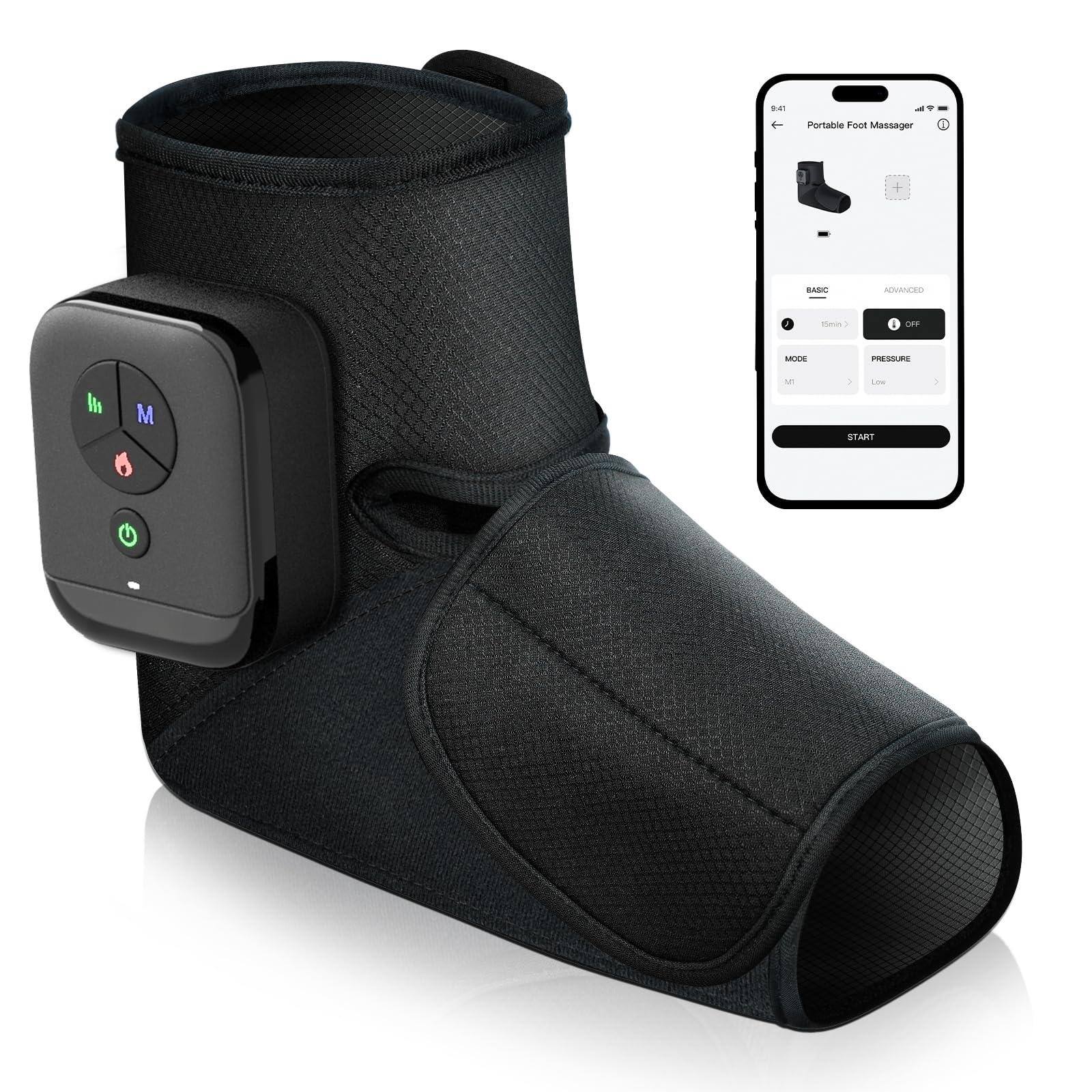 Sure, here is the corrected and grouped text from the image:

---

**Portable Foot Massager**

- **BASIC**
  - **Time:** 5 min
  - **Mode:** M1
  - **Pressure:** Low

- **ADVANCED**
  - **OFF**

- **START**

---

**Controls:**
- **M** (Mode)
- **OFF** (Power)
- **Green Light** (Power Indicator)

---

**Additional Text:**
- "Portable Foot Massager" (on the smartphone screen)