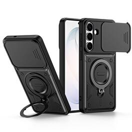 Dteck - For Samsung Galaxy A37 5G Shockproof Ring Kickstand Drop Protection Rugged Case Sliding Camera Lens Cover - Black