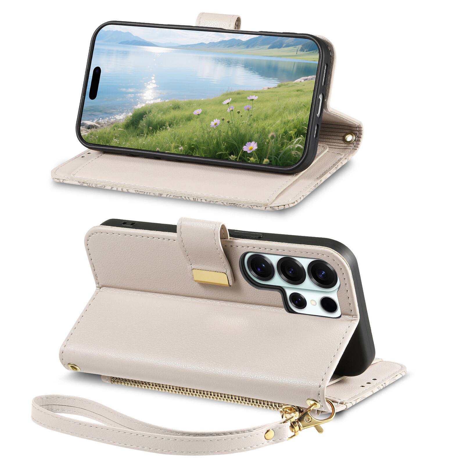 Alt View 3. Dteck - Floral Embossed Leather Zipper Cash Slot Wallet Case for Samsung Galaxy A17 5G / A16 5G with Detachable Strap - Beige.