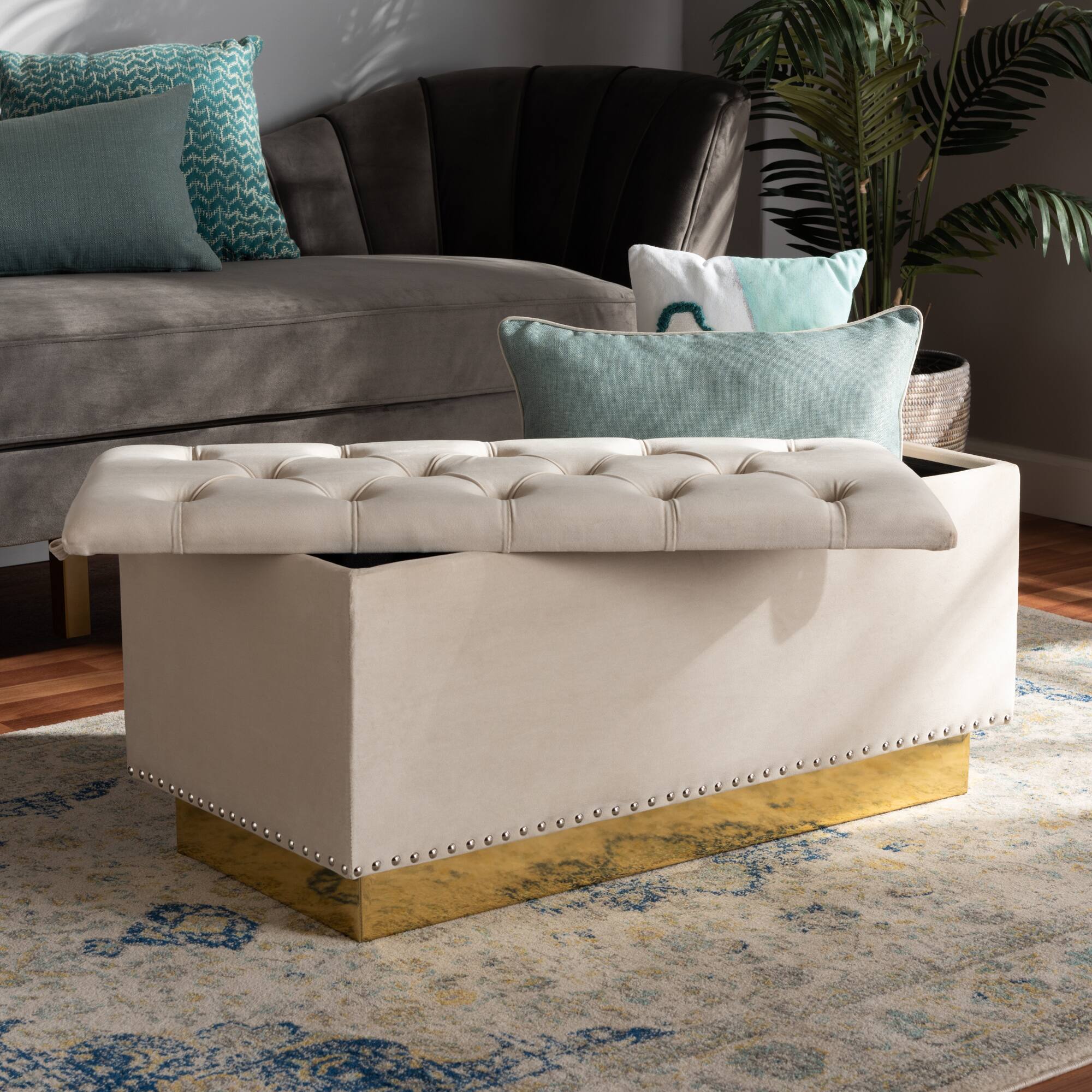 Alt View 4. Baxton Studio - Powell Glam and Luxe Velvet Fabric Upholstered and Gold PU Leather Storage Ottoman - Beige/gold.