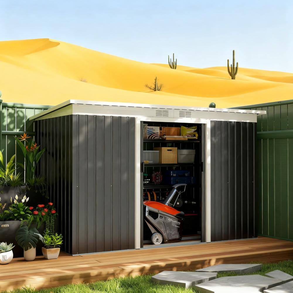 Alt View 1. TinyHomie - Dark Gray Garden Storage Shed Outdoor Storage Shed 9FT x 4FT Tool House with Double Lockable Doors.