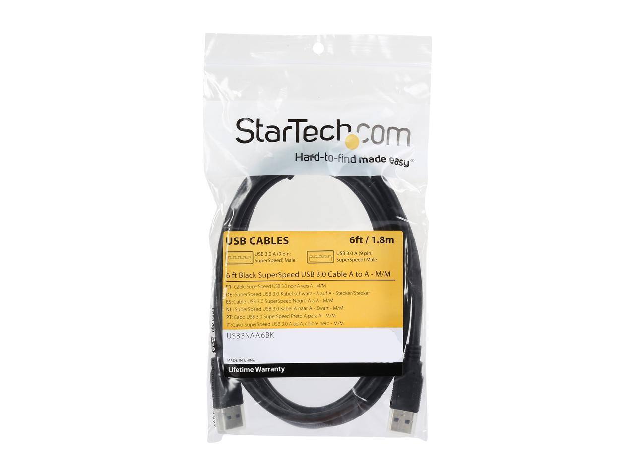 StarTech.com  
Hard-to-find made easy  

USB CABLES  
USB 3.0 A 9 pin SuperSpeed Male 6ft / 1.8m / USB 3.0 A 19 pin (SuperSpeed) Male 6 ft Black SuperSpeed USB 3.0 Cable A to A M/M  

FR: Câble SuperSpeed USB 3.0 noir A vers A M/M  
DE: SuperSpeed USB 3.0 Kabel schwarz A auf A Stecker/Stecker  
ES: Cable USB 3.0 SuperSpeed Negro A a A M/M  
NL: SuperSpeed USB 3.0 Kabel A naar A Zwart /M  
PT: Cabo USB 3.0 SuperSpeed Preto A para A M/M  
IT: Cavo SuperSpeed USB 3.0 A ad A colore nero M/M  

USB3SAA6BK  
MADE IN CHINA  
Lifetime Warranty
