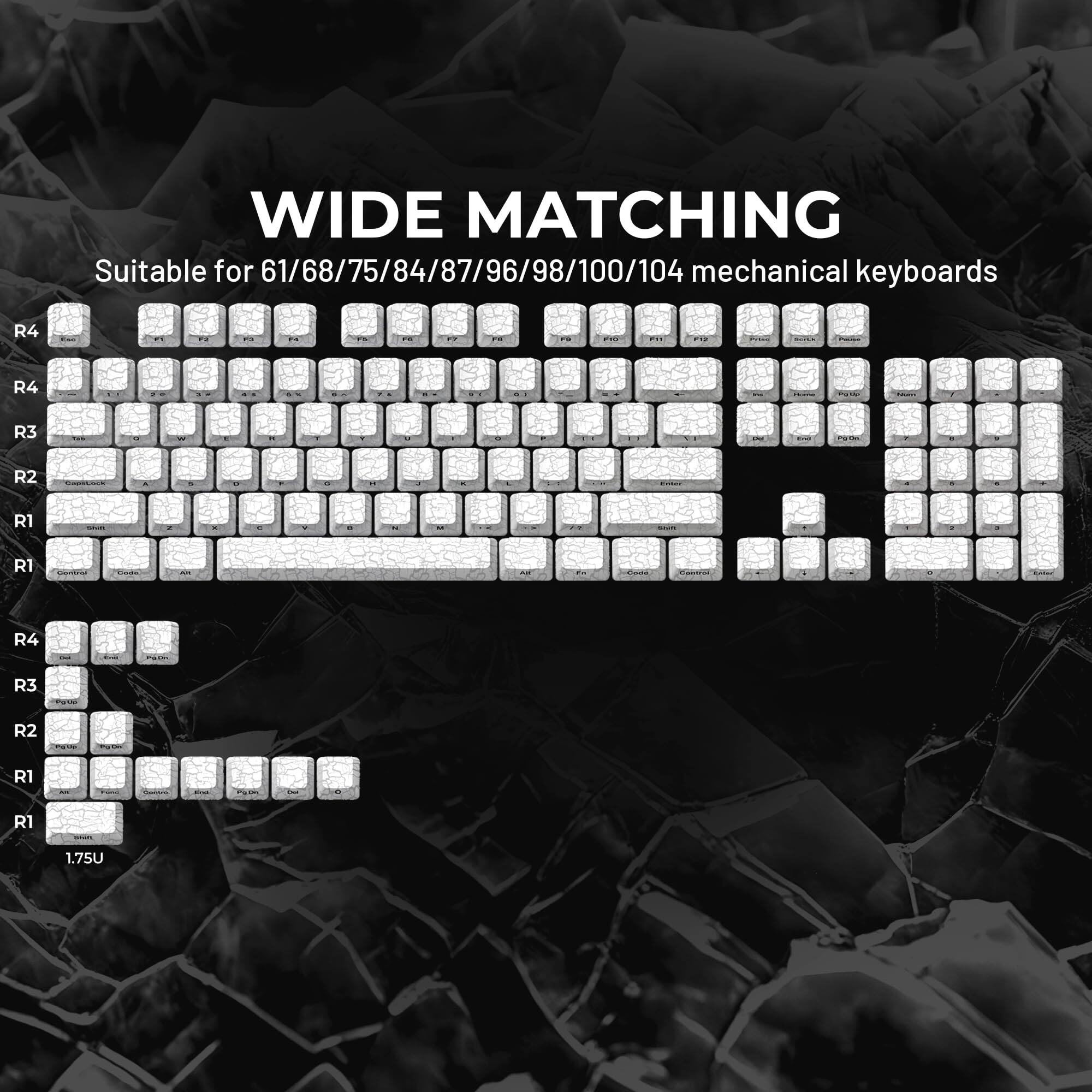WIDE MATCHING  
Suitable for 61/68/75/84/87/96/98/100/104 mechanical keyboards  

R4  
R4  
R3  
R2  
R1  

R4  
R3  
R2  
R1  

R1 1.75U