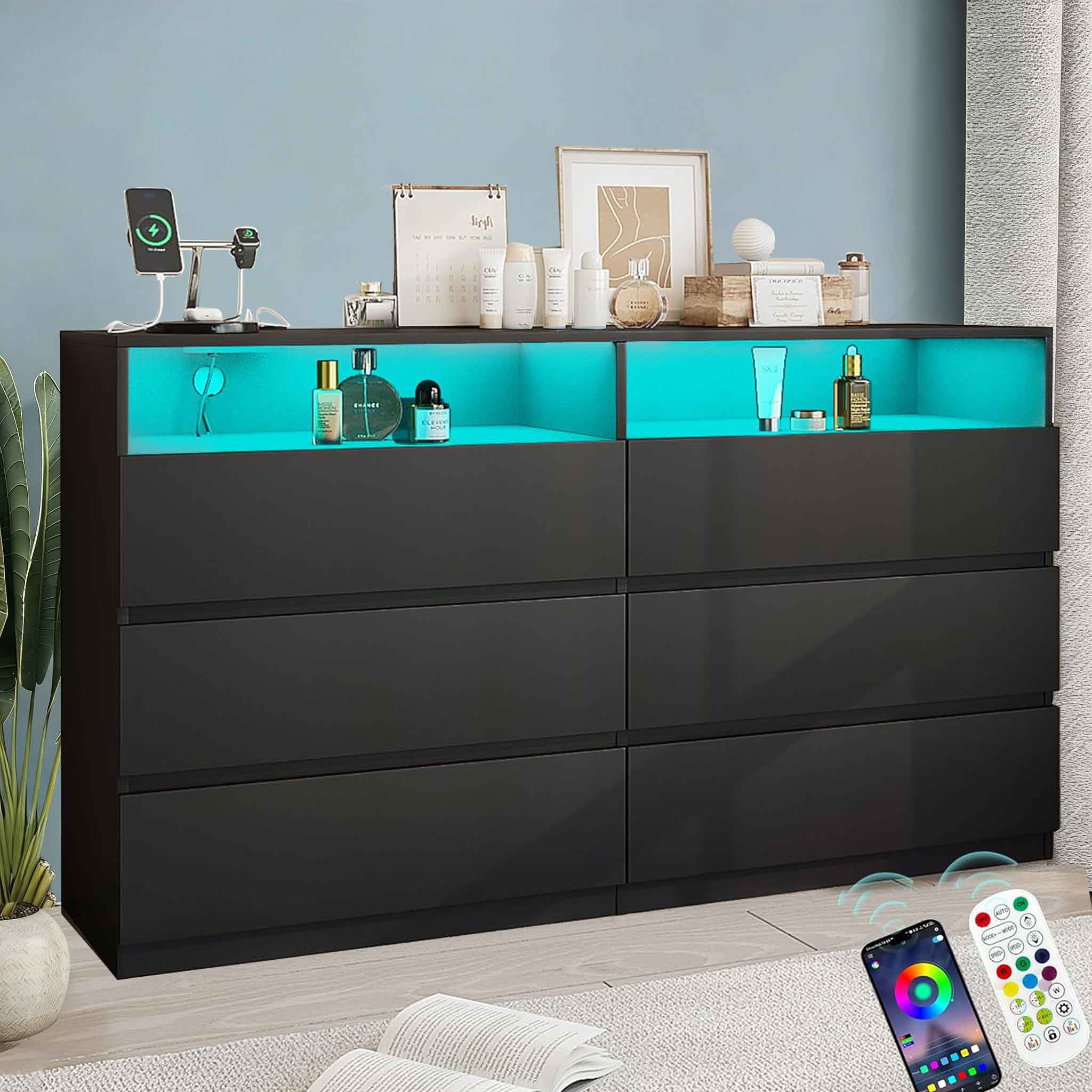 Dyonery - Vipbear 6 Drawer Dresser with Power Outlet, LED Lights,Modern Wood Chest of Drawers, TV Stand for Living Room - Black