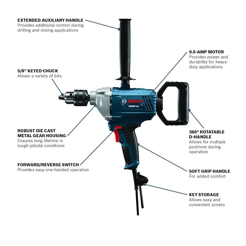- **EXTENDED AUXILIARY HANDLE**  
  Provides additional control during drilling and mixing applications

- **5/8" KEYED CHUCK**  
  Allows a variety of bits

- **ROBUST DIE CAST METAL GEAR HOUSING**  
  Ensures long lifetime in tough jobsite conditions

- **FORWARD/REVERSE SWITCH**  
  Provides easy one-handed operation

- **9.0-AMP MOTOR**  
  Provides power and durability for heavy-duty applications

- **360° ROTATABLE D-HANDLE**  
  Allows for multiple positions during operation

- **SOFT GRIP HANDLE**  
  For added comfort

- **KEY STORAGE**  
  Allows easy and convenient access
