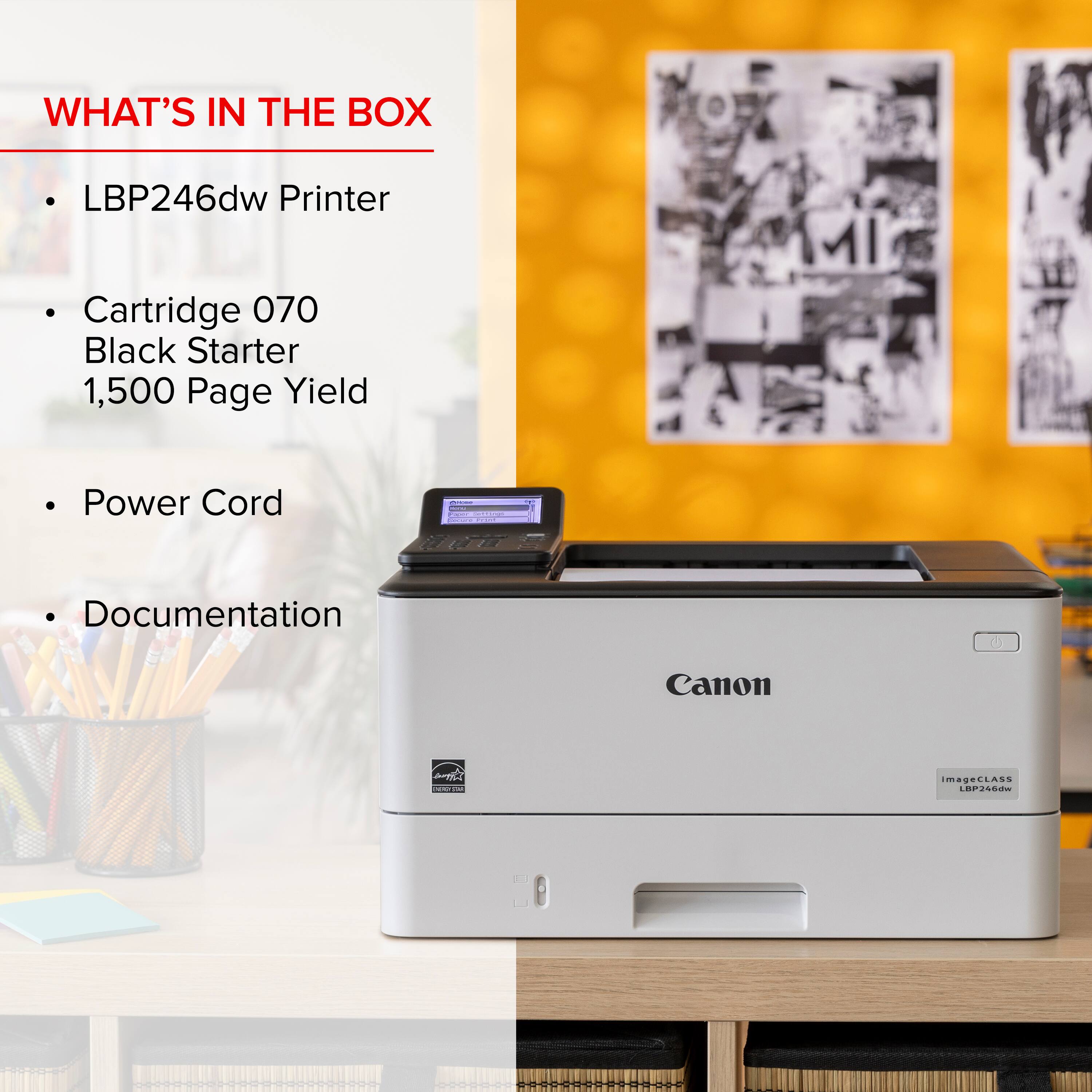 What's in the box: LBP246dw Printer, Cartridge 070 Black Starter, 1,500 Page Yield, Power Cord, Canon Documentation.
