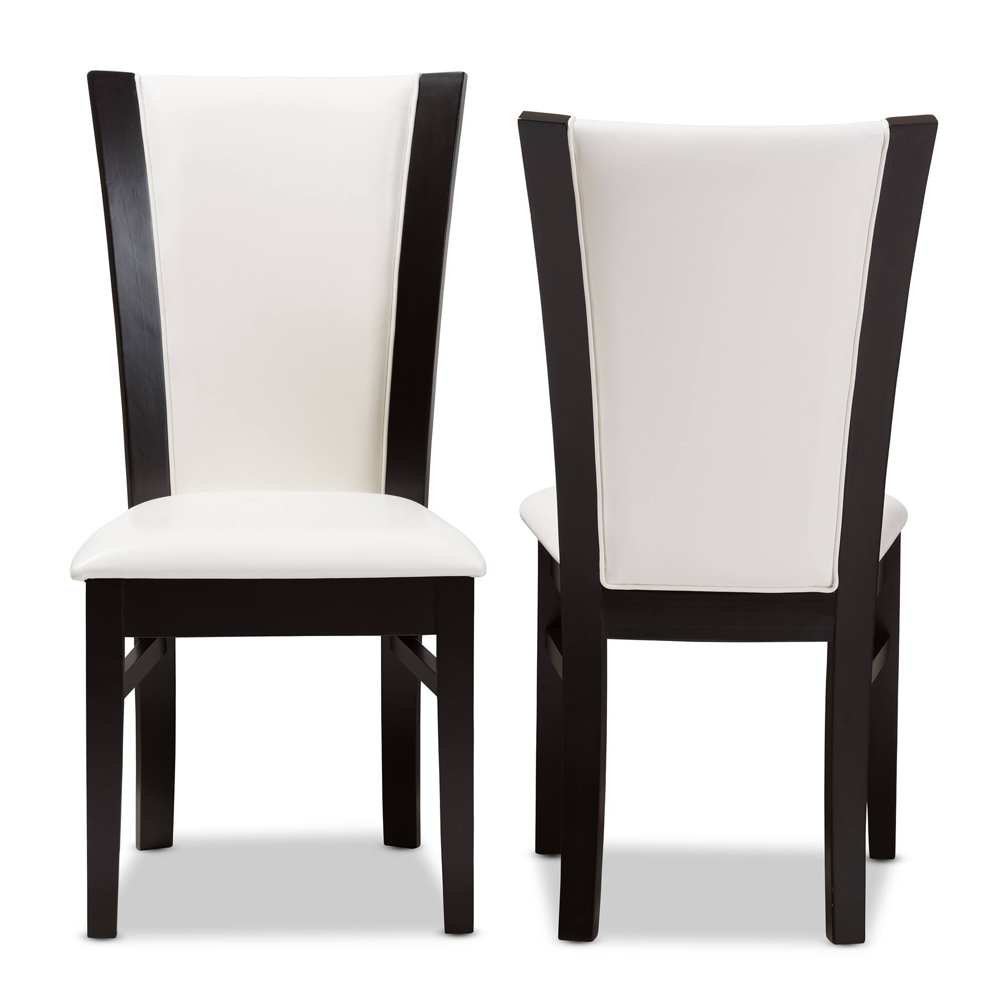 Angle. Baxton Studio - Set of 2 Adley Modern and Contemporary Finished Faux Leather Dining Chairs - White/Dark Brown.