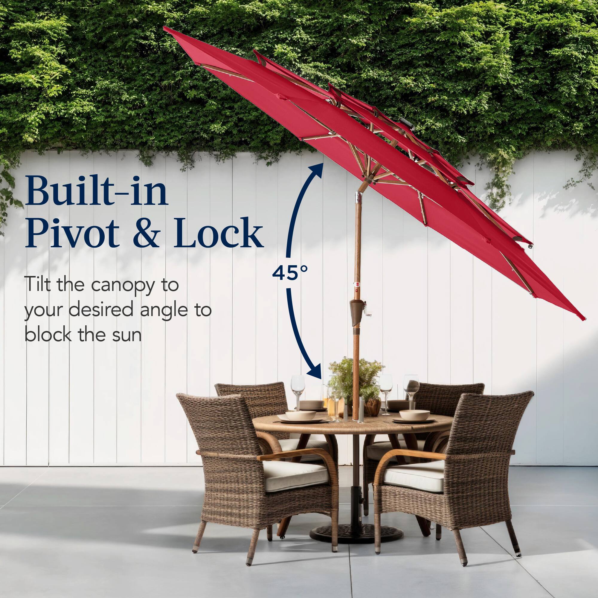 Built-in Pivot & Lock

Tilt the canopy to your desired angle to block the sun

45°