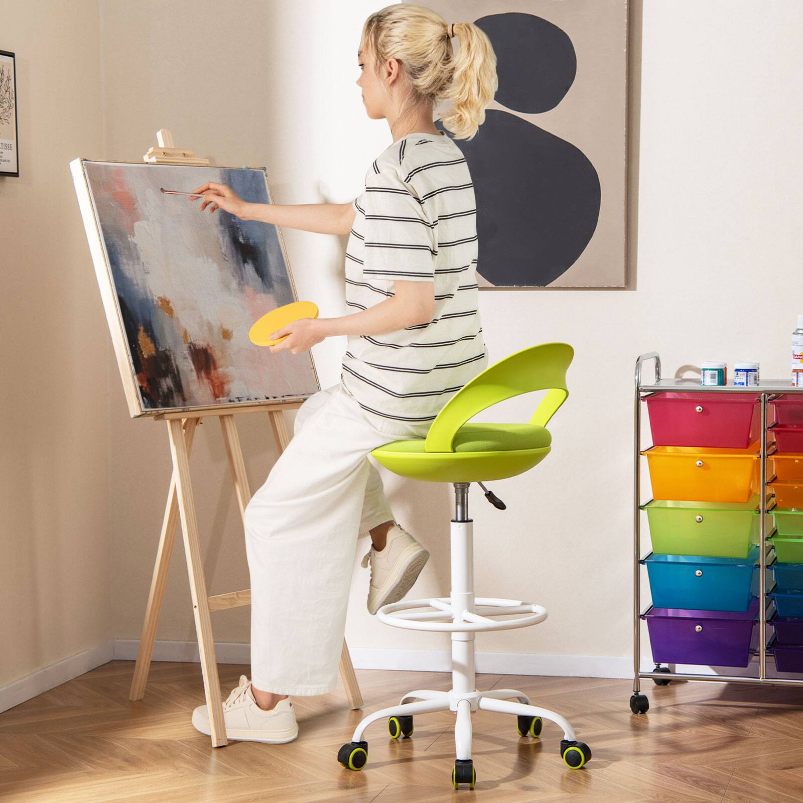 Alt View 4. Gymax - Gymax Drafting Stool Rolling Tall Desk Chair w/ Wheels Low Backrest Footrest Green - Green.