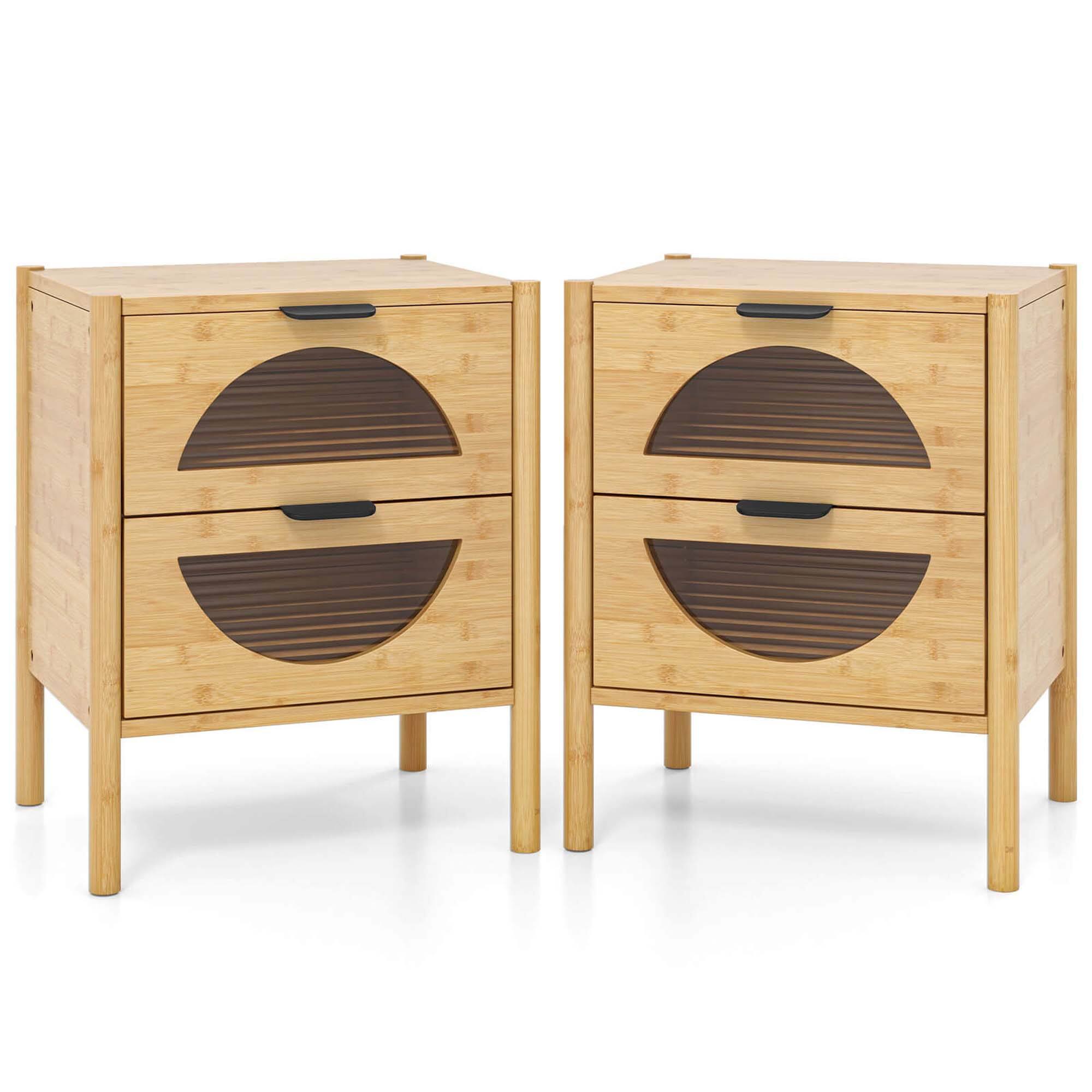 Angle. Costway - 2 PCS Bamboo Nightstand with 2 Storage Drawers & Reeded Tempered Glass Fronts Bedroom - Natural.