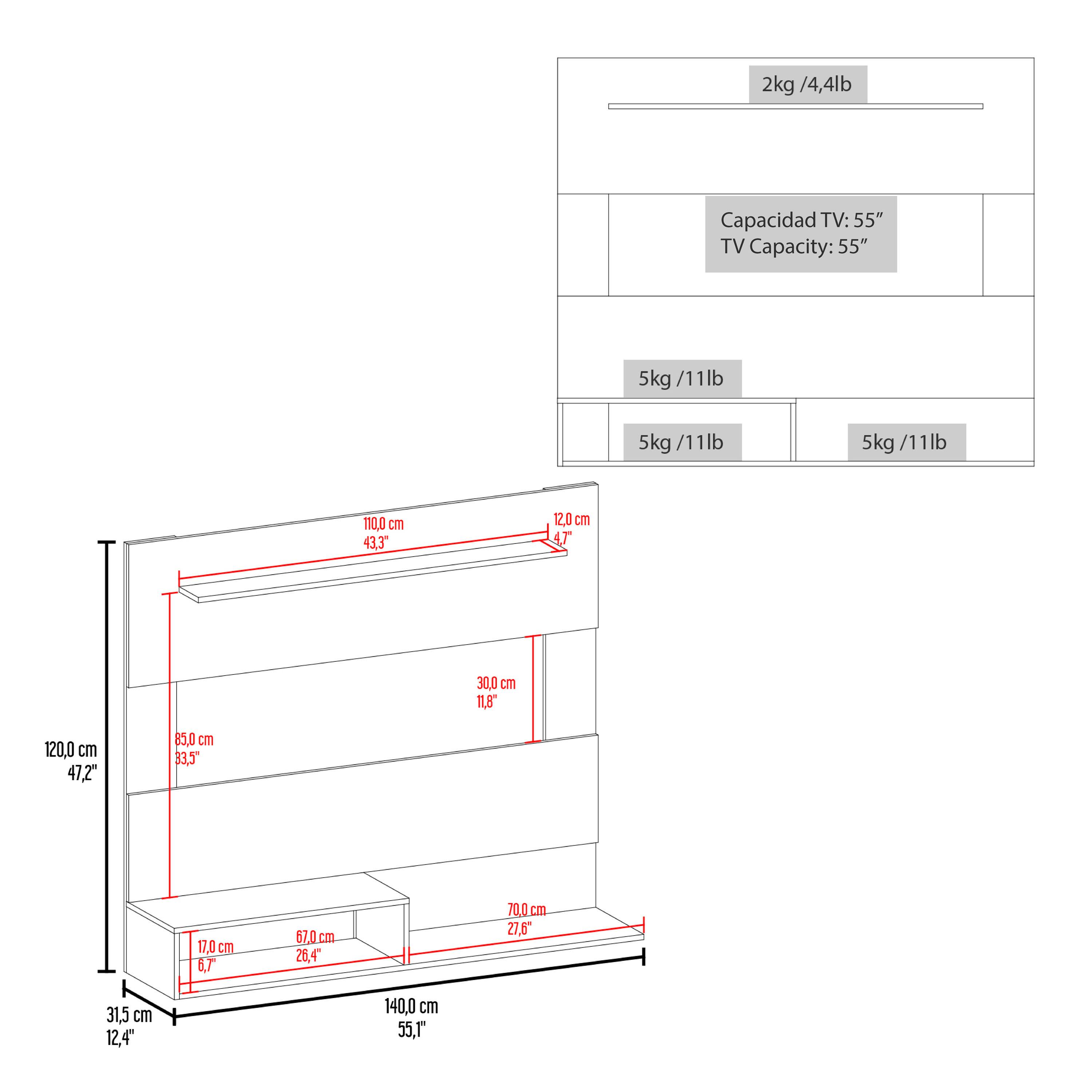 2kg / 4.4lb  
Capacidad TV: 55"  
TV Capacity: 55"  
5kg / 11lb  
5kg / 11lb  
5kg / 11lb  

120.0 cm / 47.2"  
85.0 cm / 33.5"  
170.0 cm / 66.9"  
12.0 cm / 4.7"  
30.0 cm / 11.8"  
70.0 cm / 27.6"  
17.0 cm / 6.7"  
67.0 cm / 26.4"  
140.0 cm / 55.1"  
110.0 cm / 43.3"  
31.5 cm / 12.4"