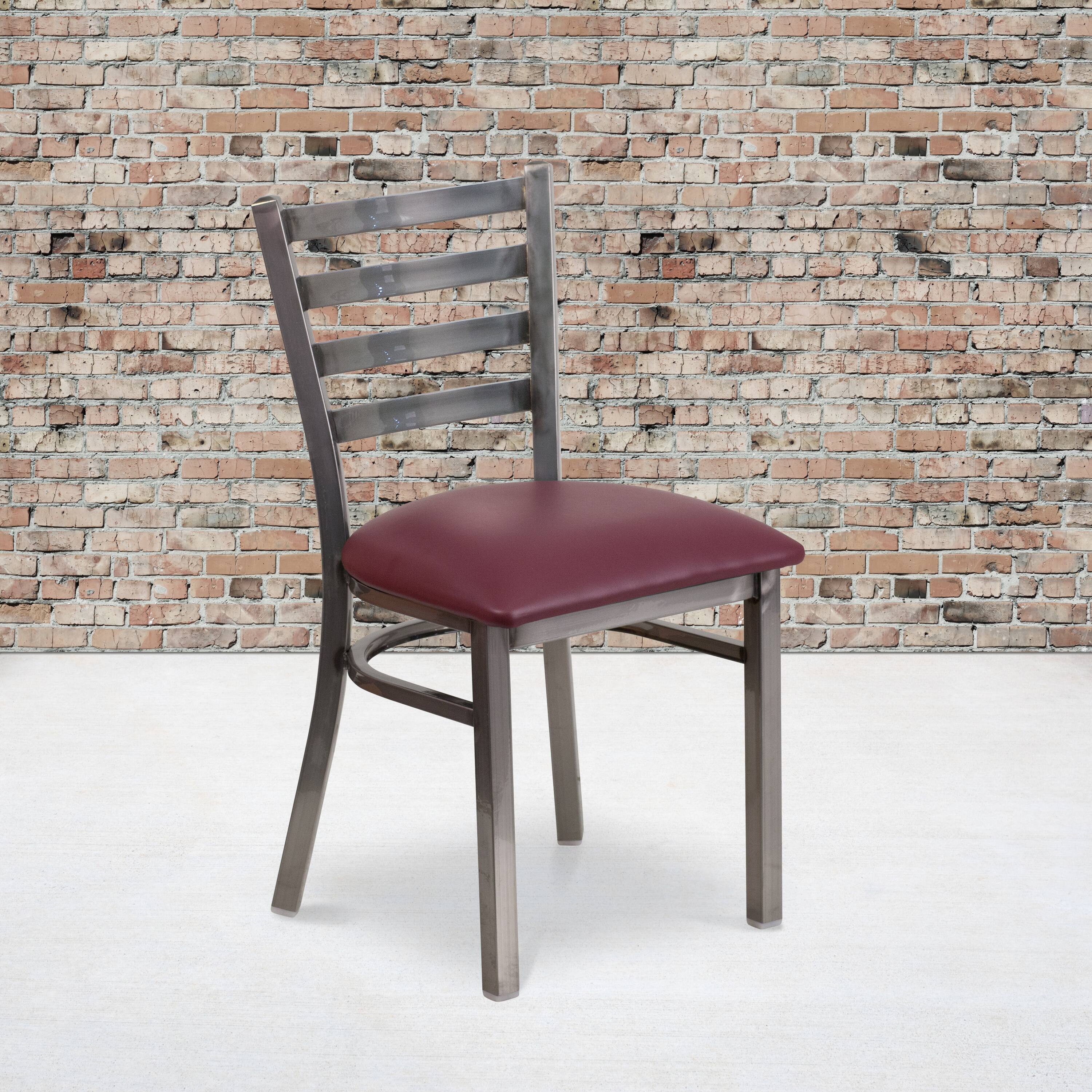 Angle. Flash Furniture - HERCULES Series Silver Antique Finish with Clear Coat Ladder Back Metal Restaurant Chair - Burgundy Vinyl Seat - Burgundy.