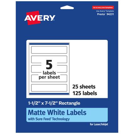 Go to avery.com/templates
AVERY
Use Avery™ Template Presta® 94231
5 labels per sheet
25 sheets
125 labels
1-1/2" x 7-1/2" Rectangle
Matte White Labels
with Sure Feed® Technology
for Laser/Inkjet