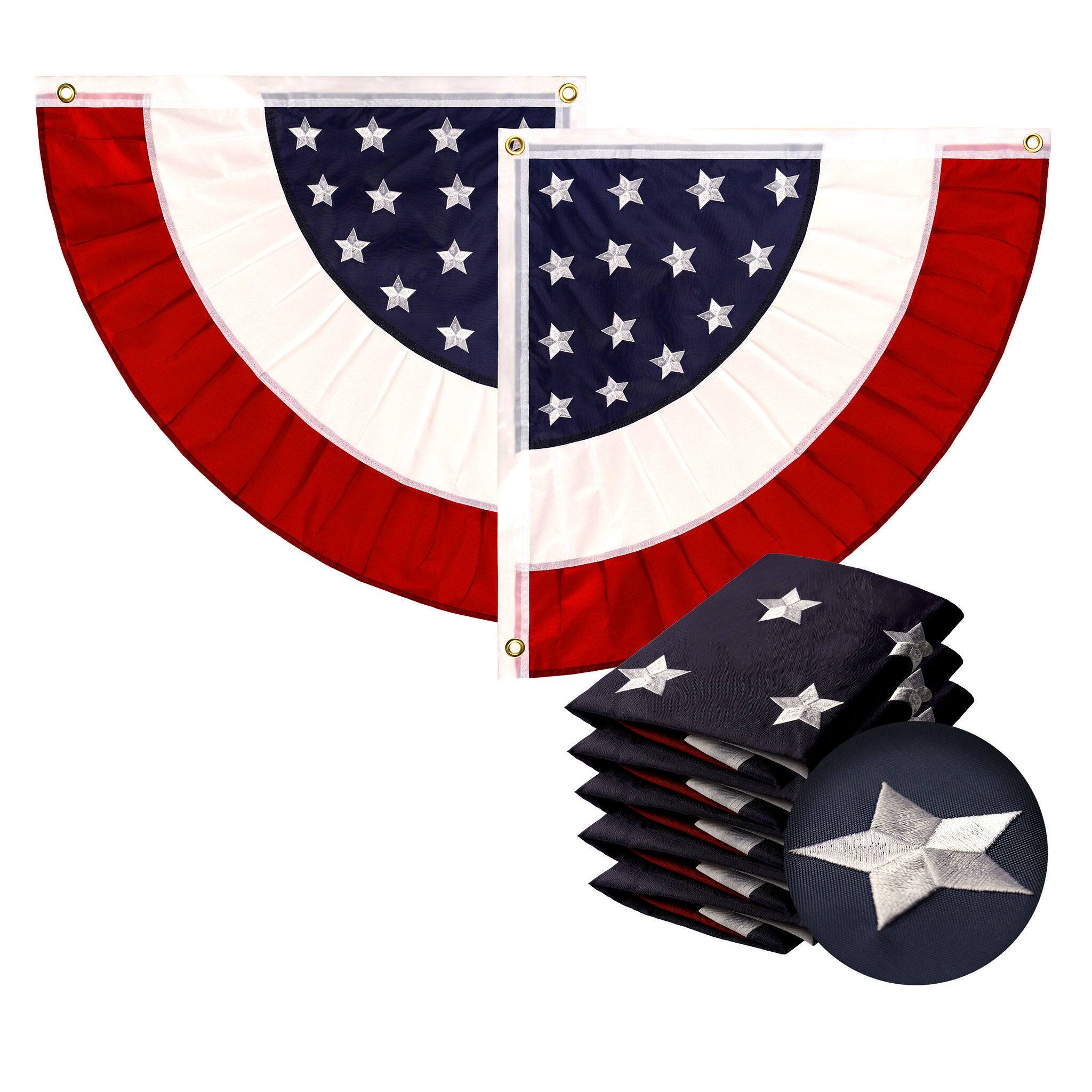 Front. G128 - G128 5 Pack: USA Pleated Fan Flag 2x2 Feet Star Center Quarter Circle Embroidered Polyester Stars and Stripes - Red, white, and blue.
