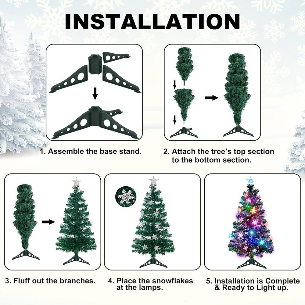 Sure, here is the corrected and grouped text:

---

**INSTALLATION**

1. Assemble the base stand.
2. Attach the tree's top section to the bottom section.
3. Fluff out the branches.
4. Place the snowflakes at the lamps.
5. Installation is Complete & Ready to Light up.

---
