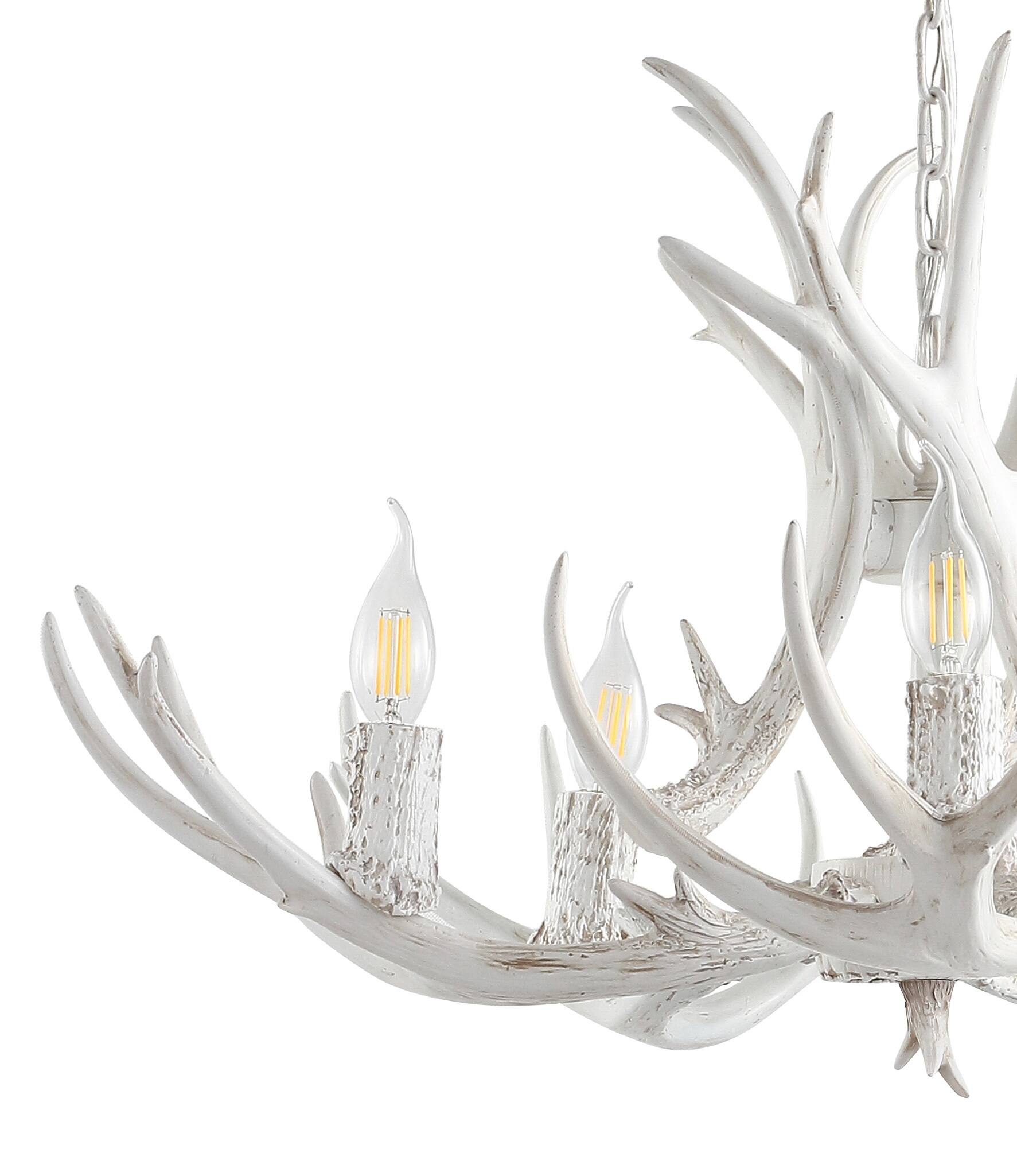 Alt View 4. Jonathan Y - Eldora 30" 5-Light Rustic Farmhouse Adjustable Resin Antler LED Chandelier, White - Antique White.