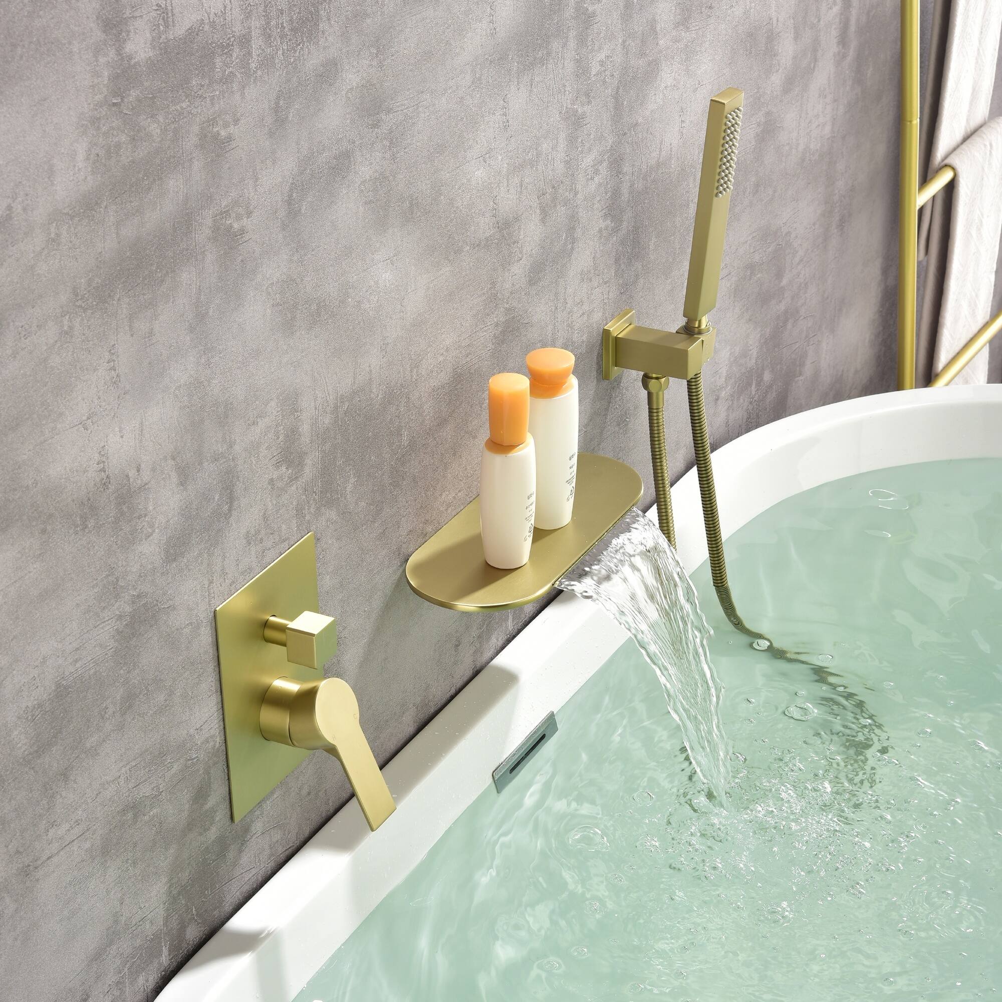 Alt View 2. Boyel Living - Brushed Gold Wall Mount Bathtub Faucet Brass SUS304 2-Function Valve Waterfall Spout Handheld 60-Inch Hose cUPC - Brushed Gold.