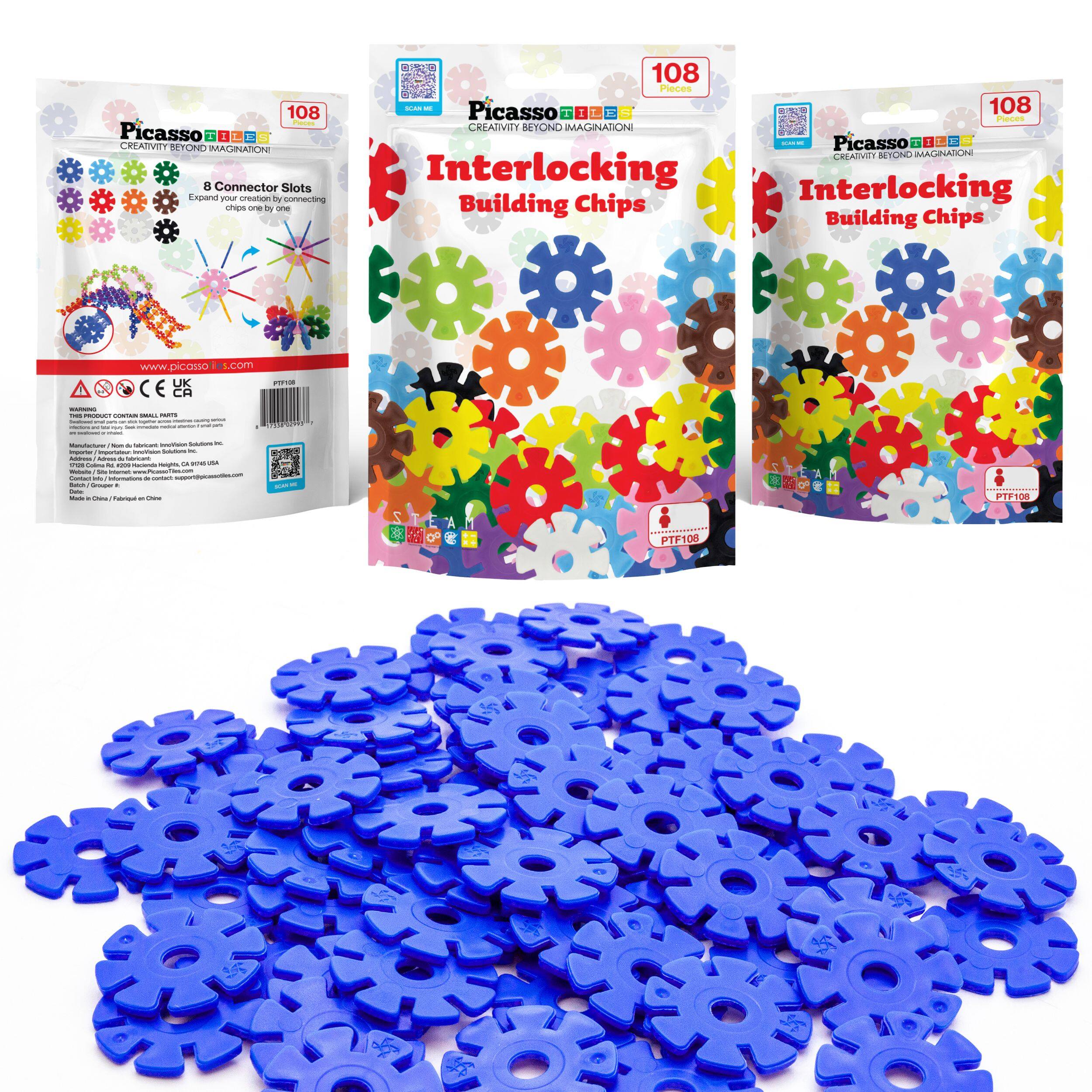 108 | Picasso  
CREATIVITY BEYOND IMAGINATION  
8 Connector Slots  
Expand your creativity by connecting chips one by one  

Interlocking Building Chips  

www.picasso10.com  

CE UK  

PTF108  

108 Pieces  

Interlocking Building Chips  

Picasso  
CREATIVITY BEYOND IMAGINATION  

Interlocking Building Chips  

108 Pieces  

PTF108