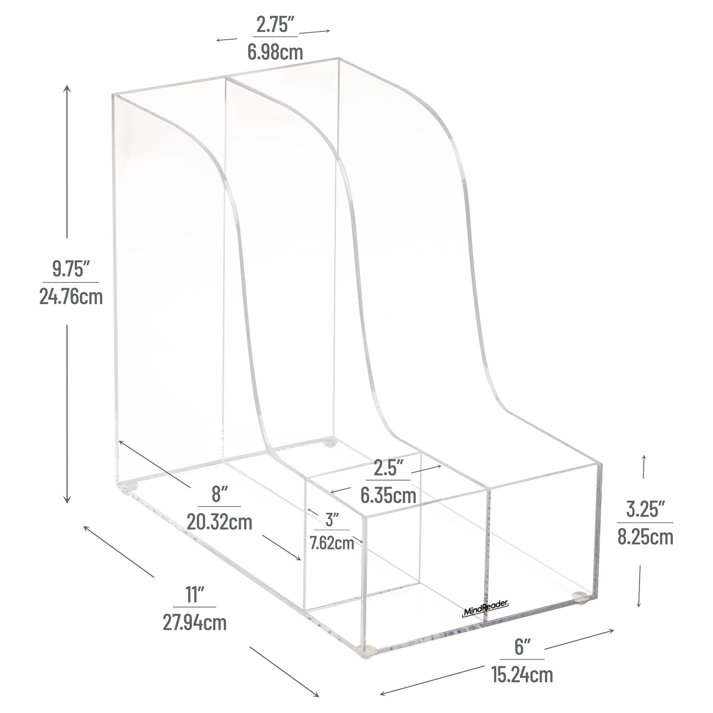 Sure, here is the corrected and grouped text from the image:

- **Dimensions:**
  - 2.75" (6.98 cm)
  - 9.75" (24.76 cm)
  - 8" (20.32 cm)
  - 2.5" (6.35 cm)
  - 3" (7.62 cm)
  - 3.25" (8.25 cm)
  - 11" (27.94 cm)
  - 6" (15.24 cm)

- **Brand:**
  - MindReader