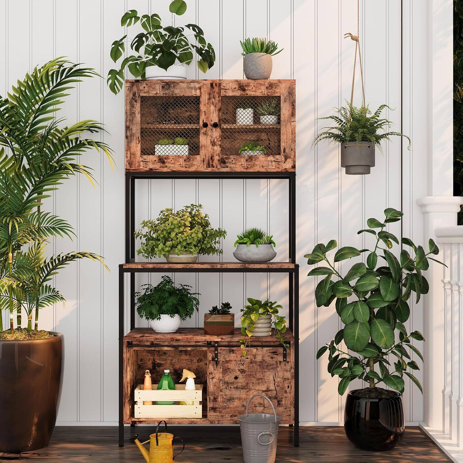 Left. GARVEE - 6 Tier Bakers Rack with Storage - Kitchen Microwave Stand with Cabinets and Power Outlet - Rustic Brown - Brown.