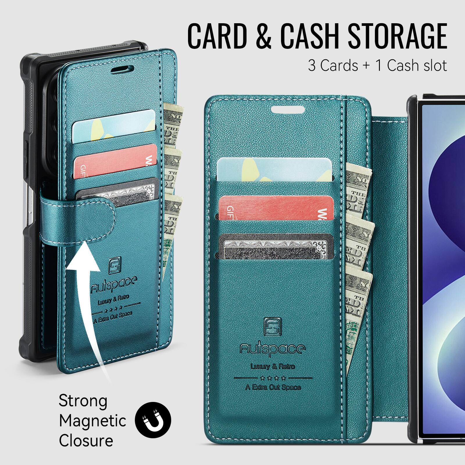 CARD & CASH STORAGE  
3 Cards + 1 Cash slot  

Pulspace & Ratro Lucary 2222 Space Extra Out  
Strong Magnetic Closure  

nutspace Laury & Patro A Extra Out Space