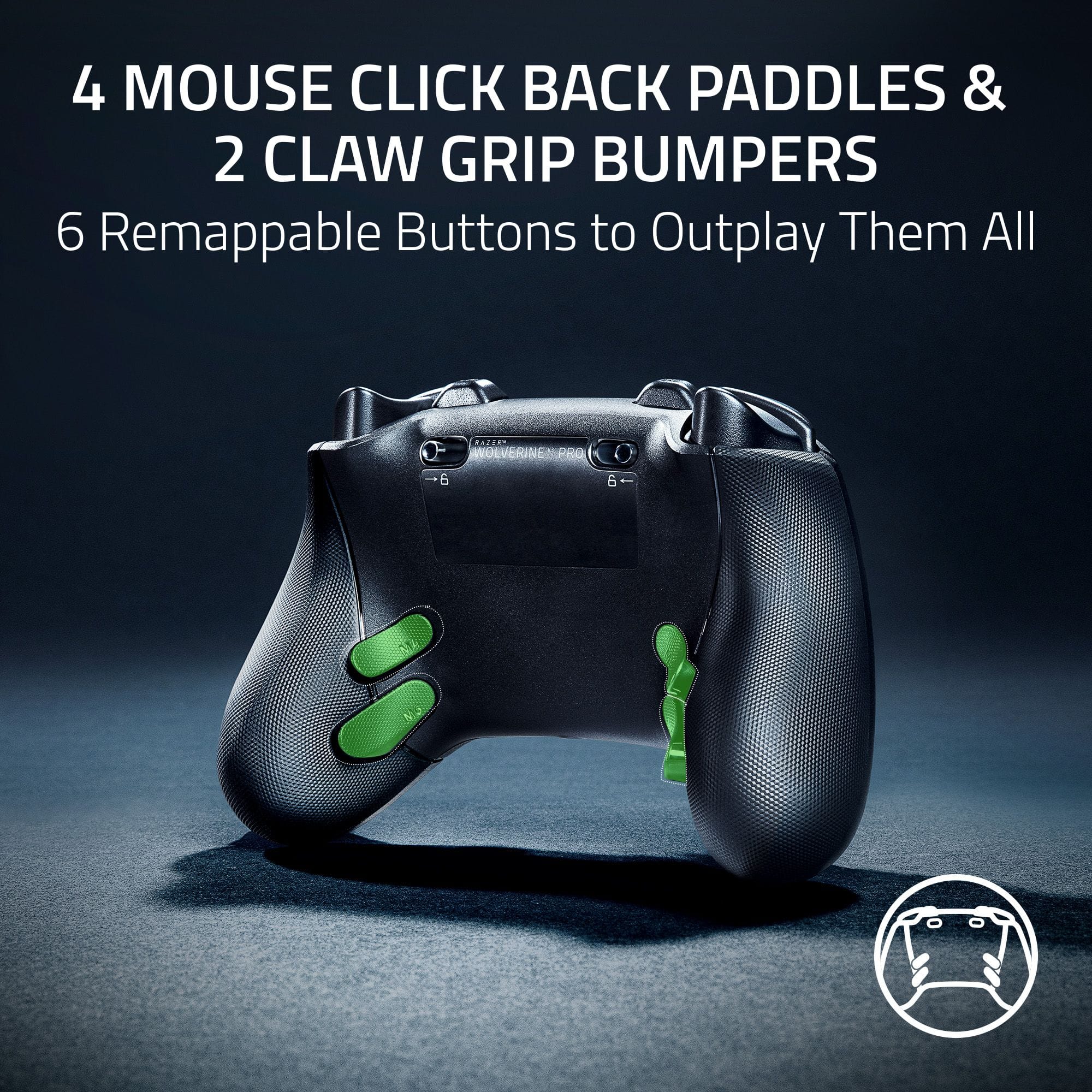 The text on the image reads: "4 Mouse Click Back Paddles & 2 Claw Grip Bumpers 6 Remappable Buttons to Outplay Them All."