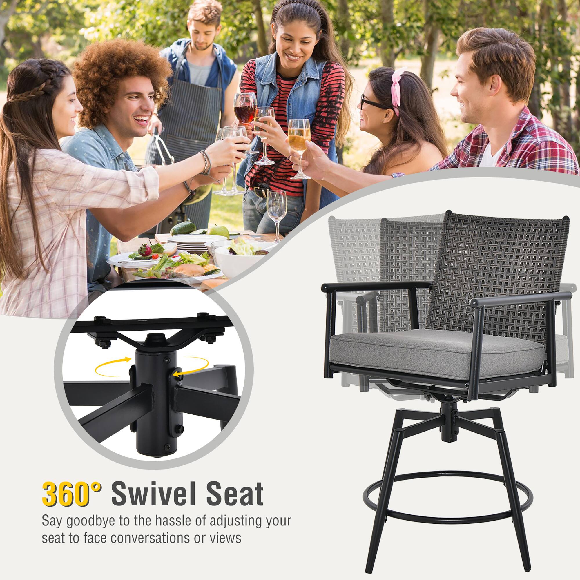 360° Swivel Seat
Say goodbye to the hassle of adjusting your seat to face conversations or views.