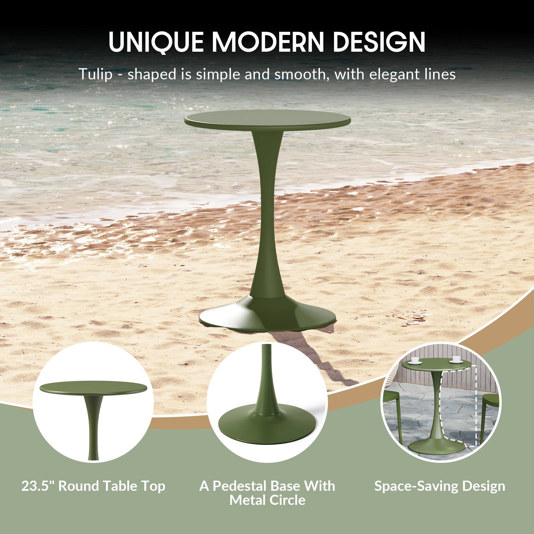 UNIQUE MODERN DESIGN  
Tulip-shaped is simple and smooth, with elegant lines  

23.5" Round Table Top  
A Pedestal Base With Metal Circle  
Space-Saving Design