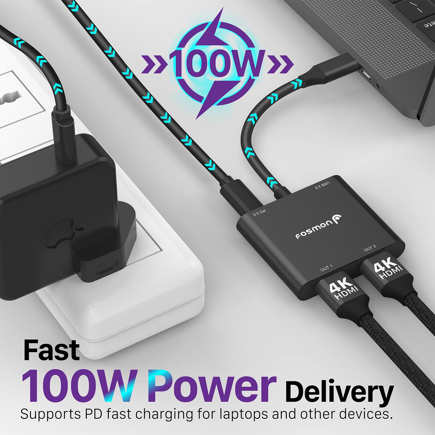 Fast 100W Power Delivery  
Supports PD fast charging for laptops and other devices.