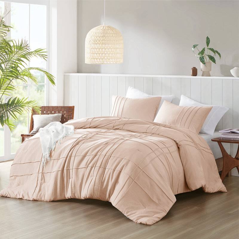 Angle. Hivvago - Queen size Microfiber Pleated Soft Washed Comforter Set in Pink Blush - Pink Blush.