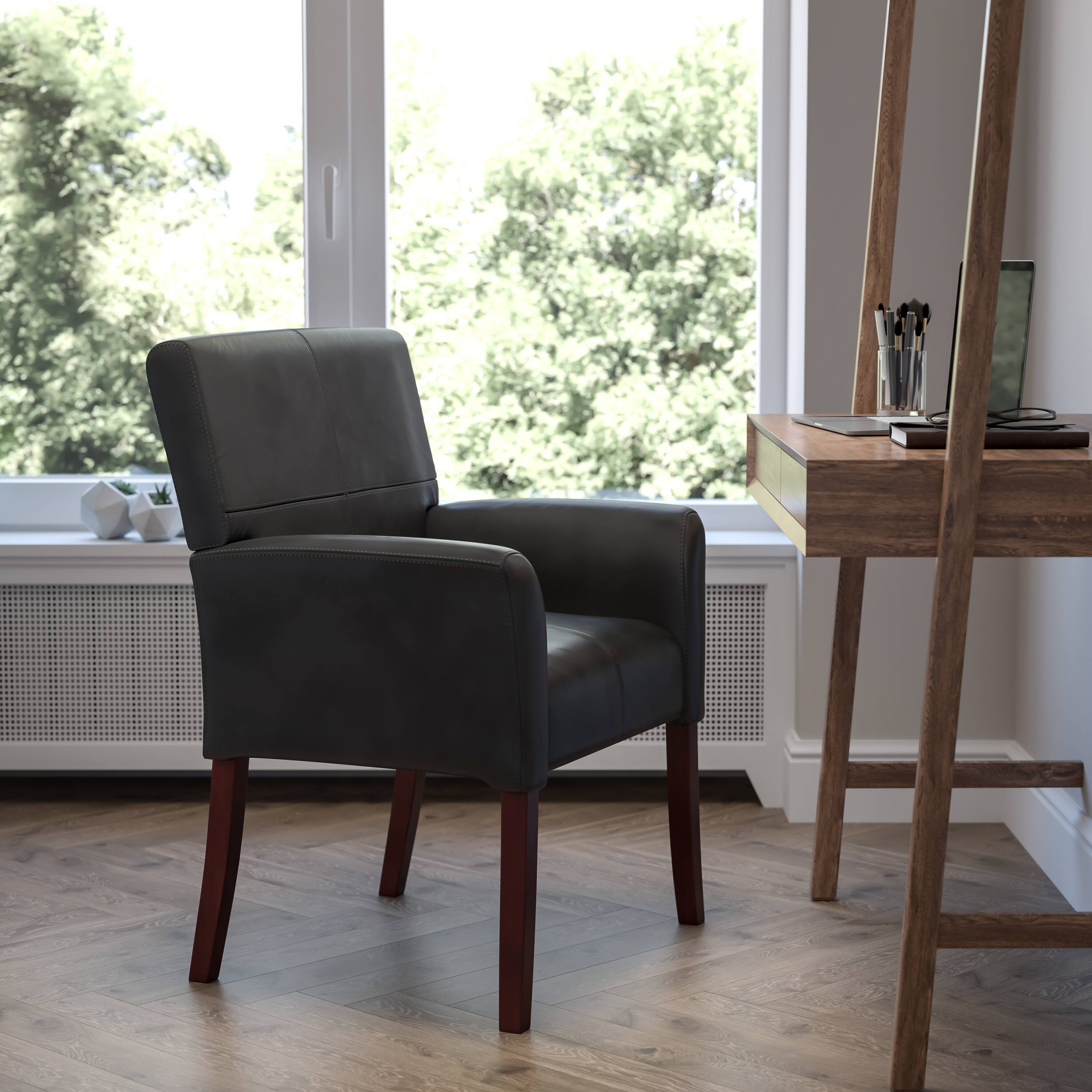 Alt View 1. Emma + Oliver - Faux Leather Executive Side Reception Chair with Mahogany Legs - Black.