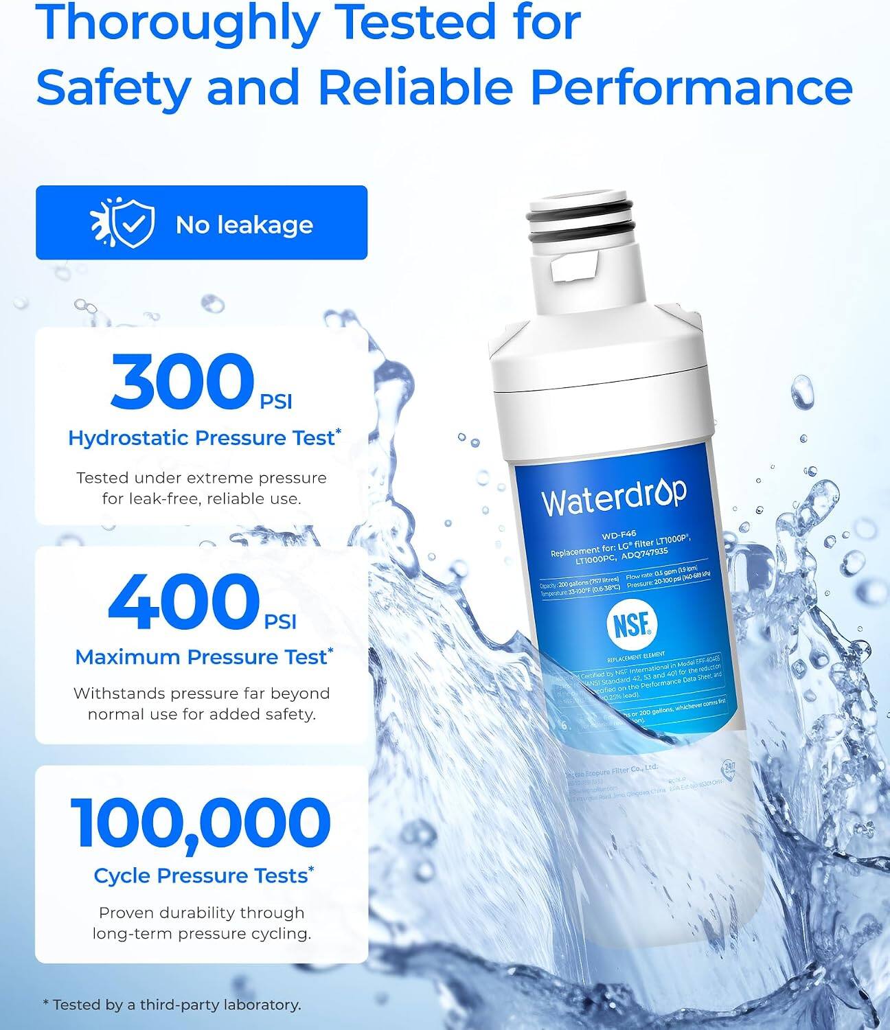 Thoroughly Tested for Safety and Reliable Performance

No leakage

300 PSI Hydrostatic Pressure Test* Tested under extreme pressure for leak-free, reliable use.

400 PSI Maximum Pressure Test* Withstands pressure far beyond normal use for added safety.

Waterdrop WD-F46 LT1000P, for: LG* filter Replacement ADQ747935 LT1000PC, gom on OU Flow 20-100 pt) 200 gallons (25 Pressure Spacty (0.5-30C) IT-100F NSF PLACEMENT eswent EFF-RES Media Cartified NSF International ACP by I'e 42, 52 and Data 157 Standard Performance potied the 0.200 lood), 200 gallons, on!

100,000 Cycle Pressure Tests

LAC.

Proven durability through long-term pressure cycling.

*Tested by a third-party laboratory.