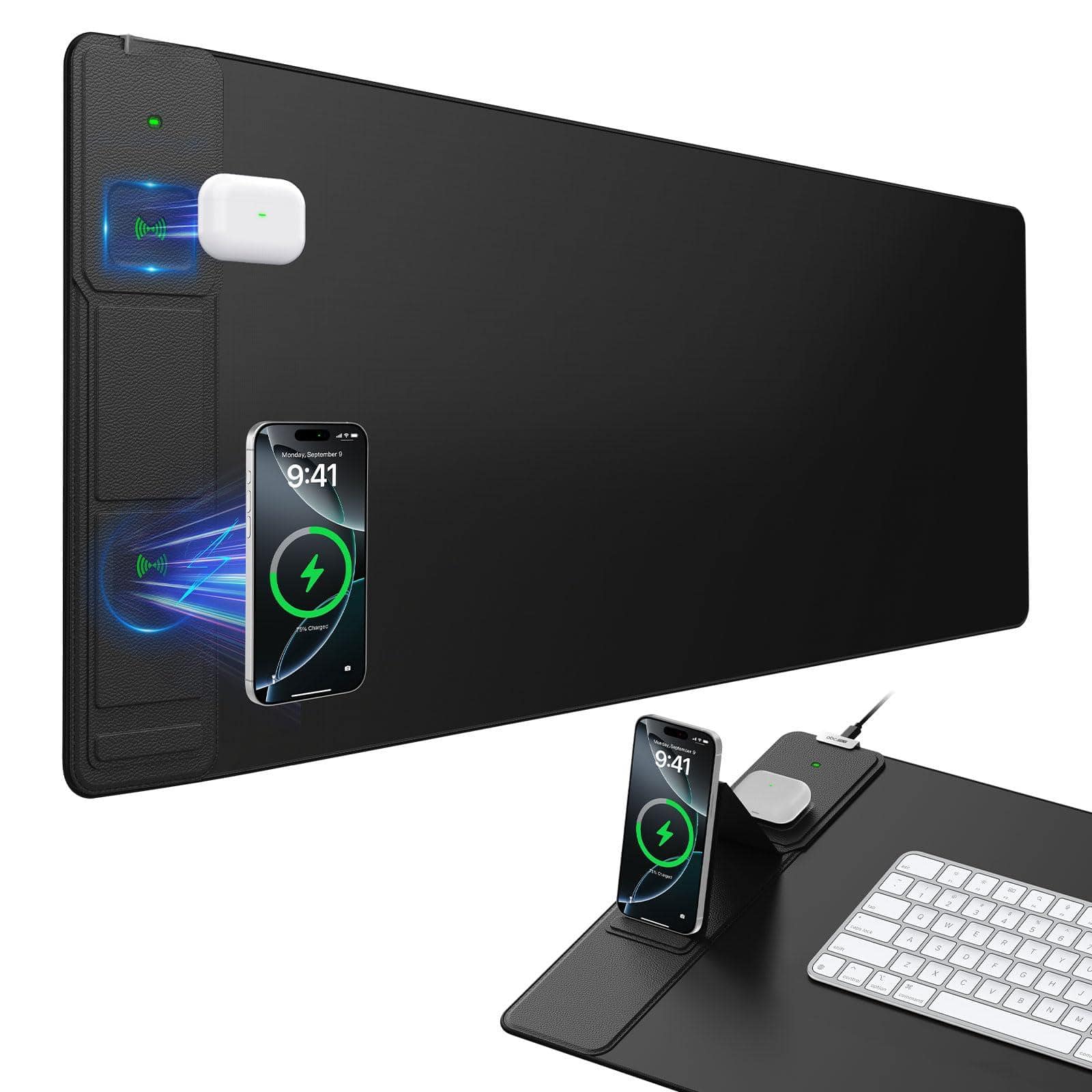 Fabibe - Mouse Pad Keyboard Mouse 24 RGB RGB LG Magnetic Wireless Charging 31.5'' 11.8'' Large Gaming Desk Light Effects Non-slip - Black-Phone Holder-31.5"x15.8"