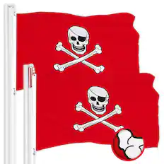 Front. G128 - 2-Pack Pirate Jolly Roger Bones Flag, 16 x 24 in, Embroidered 300D Polyester, Brass Grommets. - red.