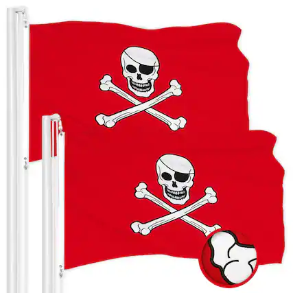 Front. G128 - 2-Pack Pirate Jolly Roger Flag, Embroidered 1 x 1.5 ft, 300D Polyester, Brass Grommets. - red.
