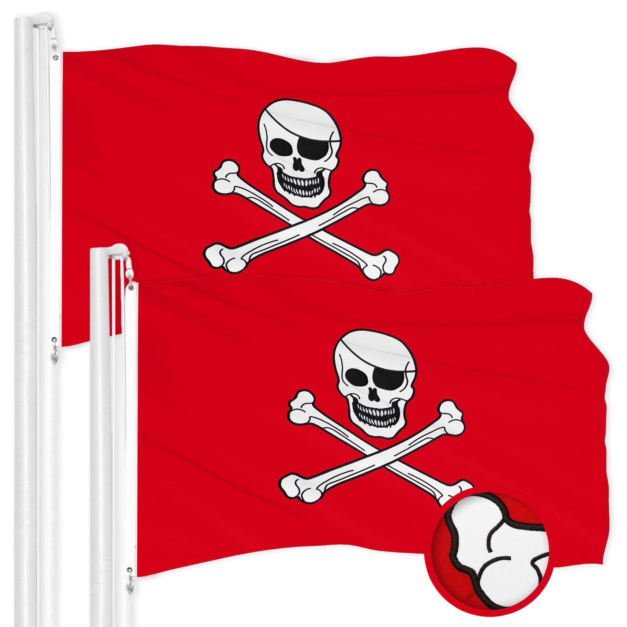 Front. G128 - 2-Pack Pirate Jolly Roger Flag, Embroidered 1 x 1.5 ft, 300D Polyester, Brass Grommets. - red.