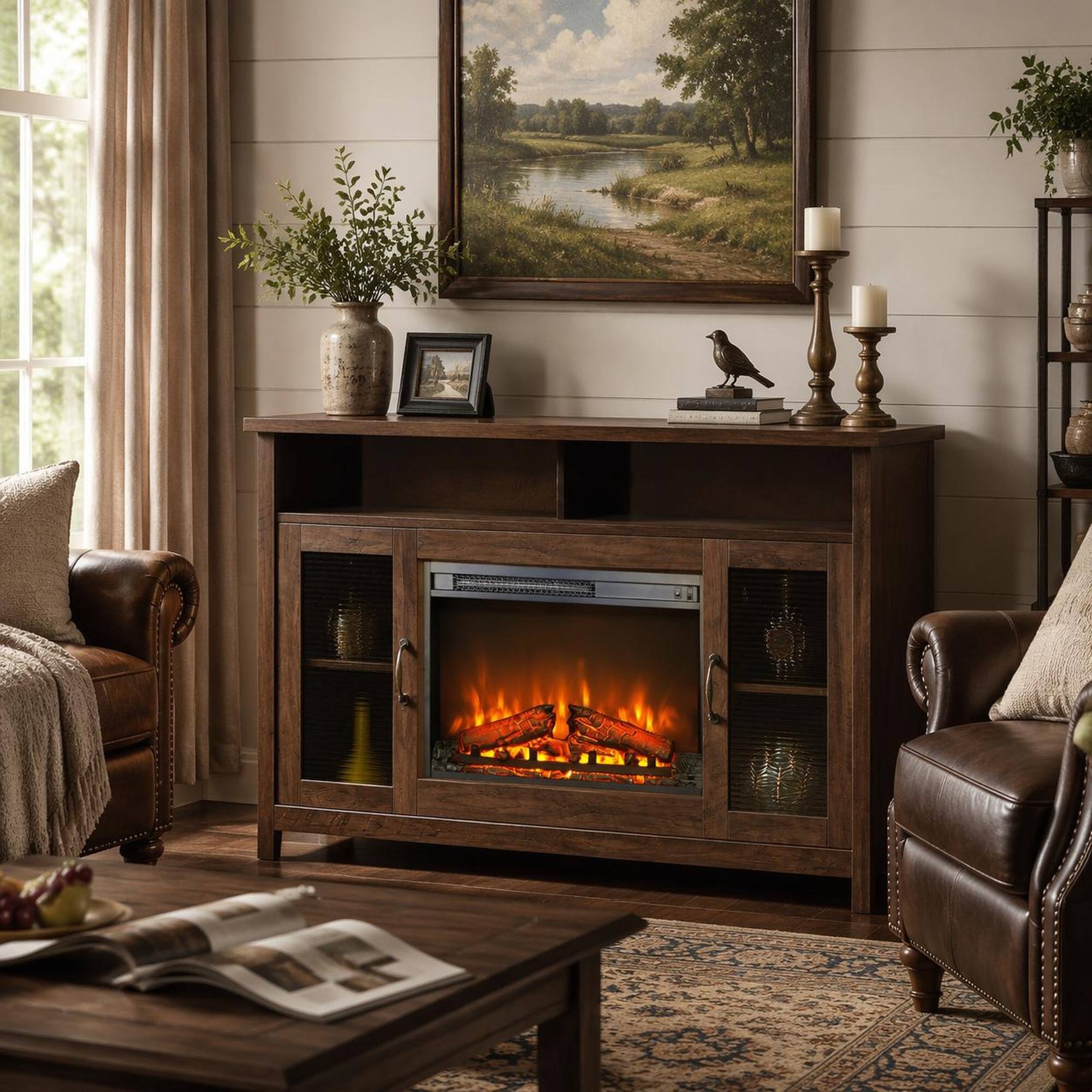 Angle. RYHNUYNE - 23 Inch Electric Fireplace Insert Heater with Log Set & Realistic Flame – Two-Button Operation - Antique Black.