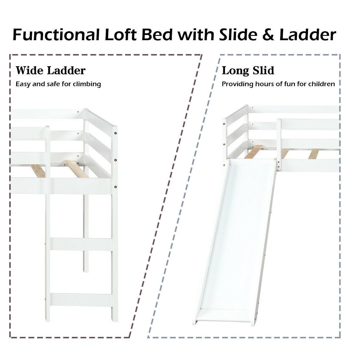 Functional Loft Bed with Slide & Ladder

Wide Ladder  
Easy and safe for climbing

Long Slide  
Providing hours of fun for children