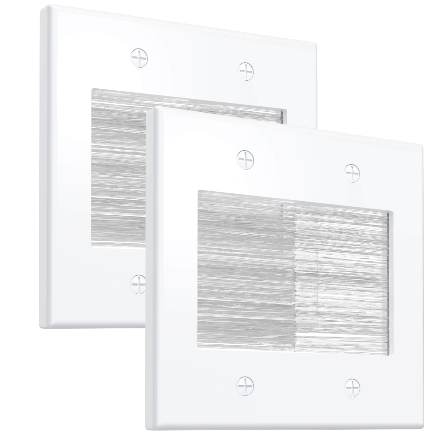 Fosmon - 2x 2 Gang Brush Wall Plate Wire Hider, Ethernet Wall Plate Cover, Cable Pass Through Wall Plate for Speaker Coaxial HDMI - White