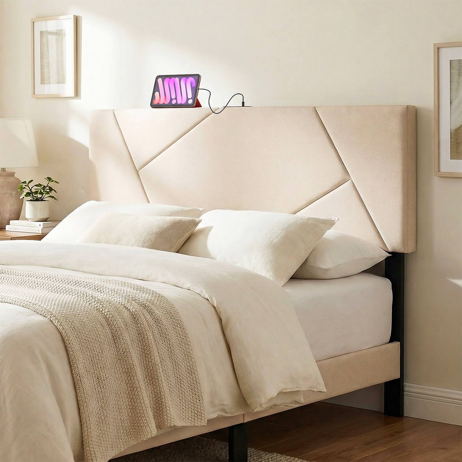 Alt View 1. Costway - Costway Headboard for Queen&Full Size Bed,Geometric Upholstered Head Board with 2AC Outlets - Beige.