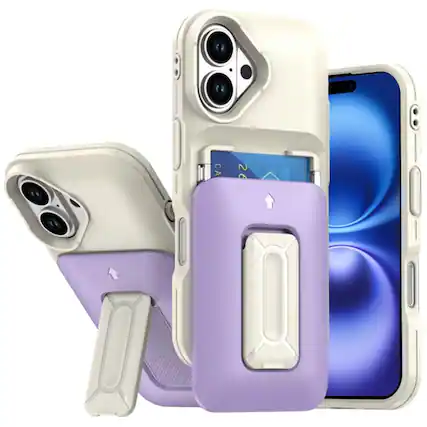 Front. Kitcheniva - Card Holder With Kickstand And Strap Plus Tempered Glass For iPhone 17 Beige/Light Purple - Beige/Light Purple.