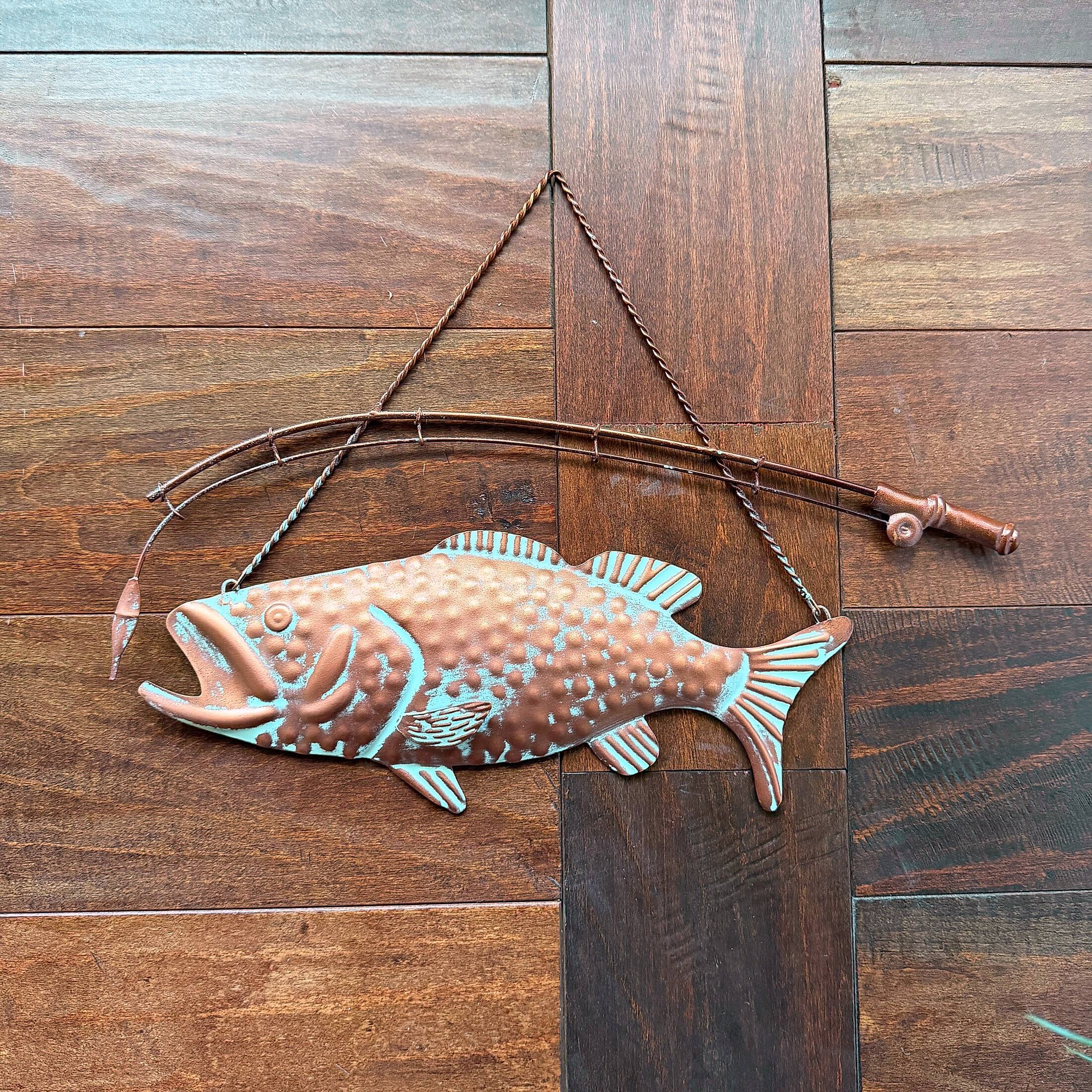 Alt View 7. Zeckos - Largemouth Bass Metal Wall Hanging Rustic Copper Fish Decor 15 in Long - Copper, Green.
