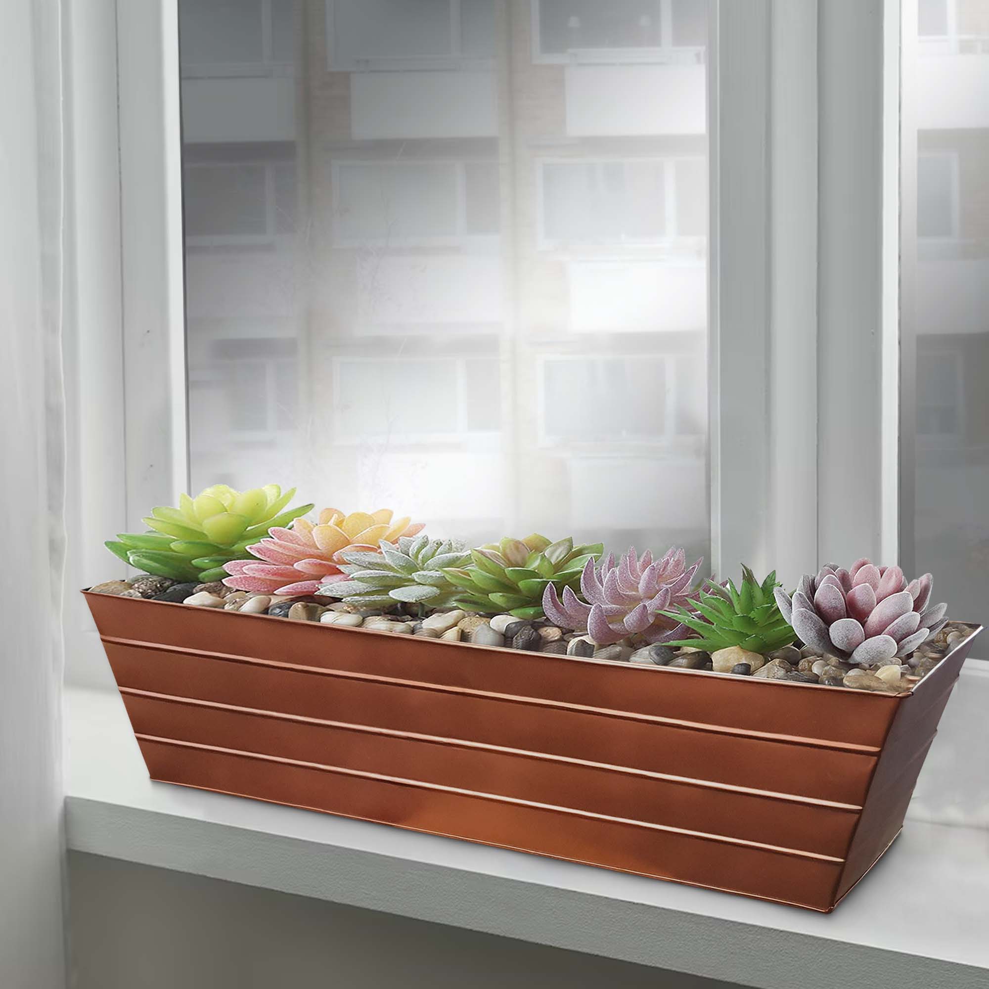 Alt View 5. Manhattan Lane - Rectangular Metal Flower Planter Box with Embossed Line Design, Large - Copper.