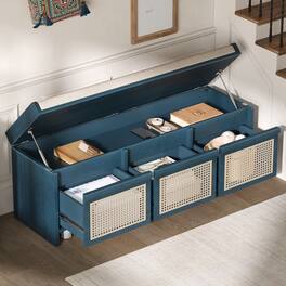 Ropilly - 48 Inch Entryway Shoe Bench with Rattan Drawers, Tufted Cushion and Hidden Storage - Antique Navy