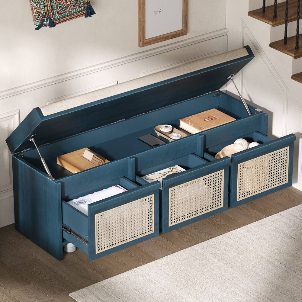 Front. Ropilly - Ropilly 48 Inch Entryway Shoe Bench with Rattan Drawers, Tufted Cushion and Hidden Storage, Antique Navy - Antique Navy.